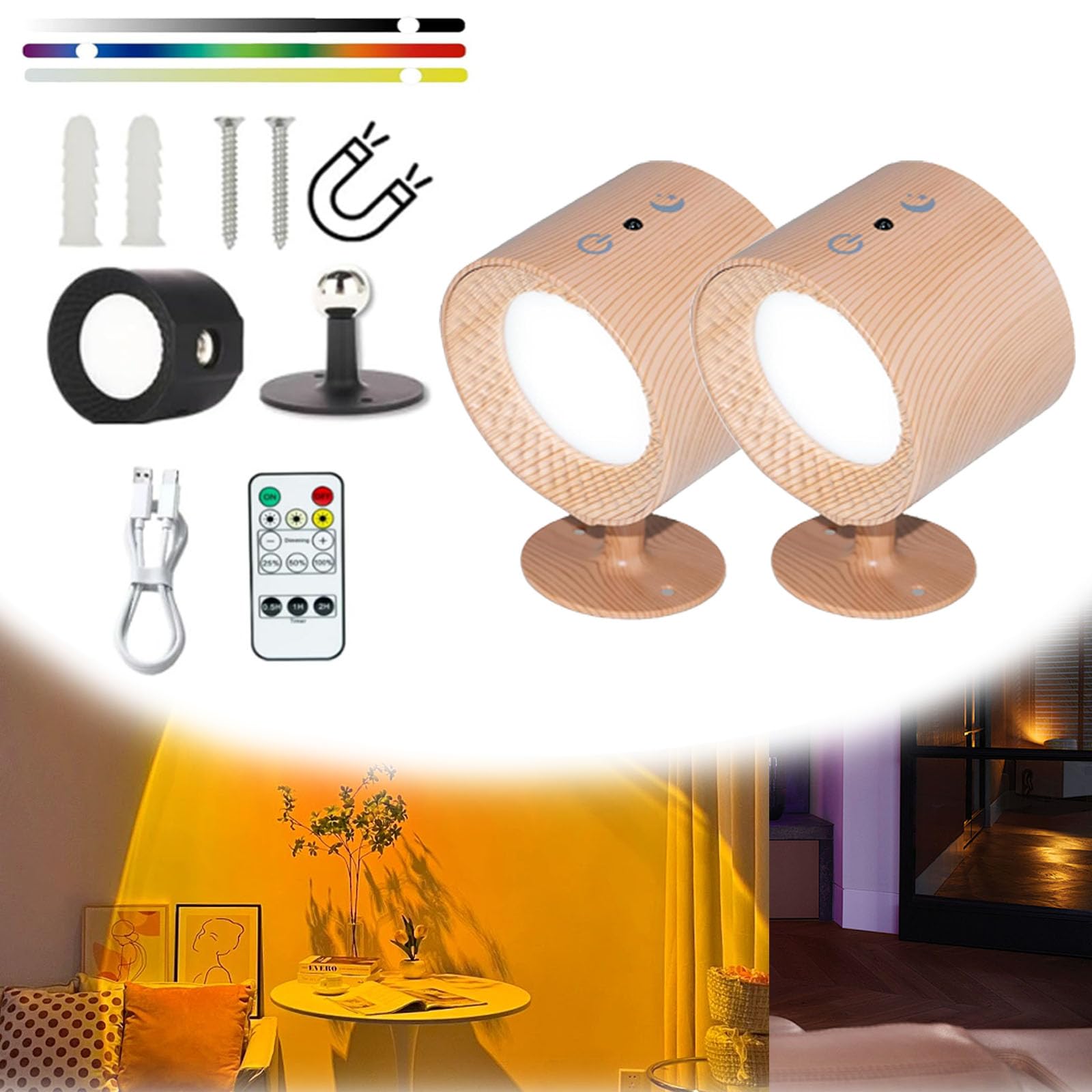 Yagerod Wood*2 Glowright Lights, Glow Right Wall Lights, Glowright Lights Smart Halo Lux, 360°Rotation Glowright Lights Lamp, Glowright Lights, Glowright Smart Wall Lights Magnetic (Wood*2)