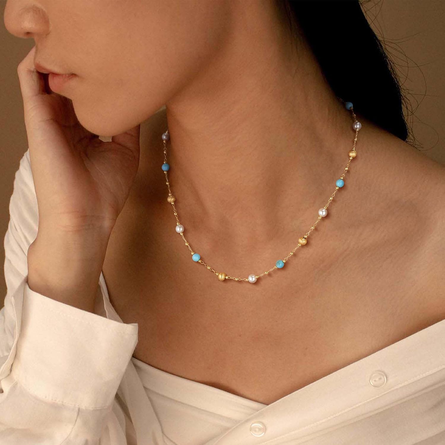 Turquoise Jewelry for Women - 14K Gold Plated Turquoise Necklace for Women Colorful Beaded Necklaces Summer Beach Boho Choker Bead Gift - Image 3