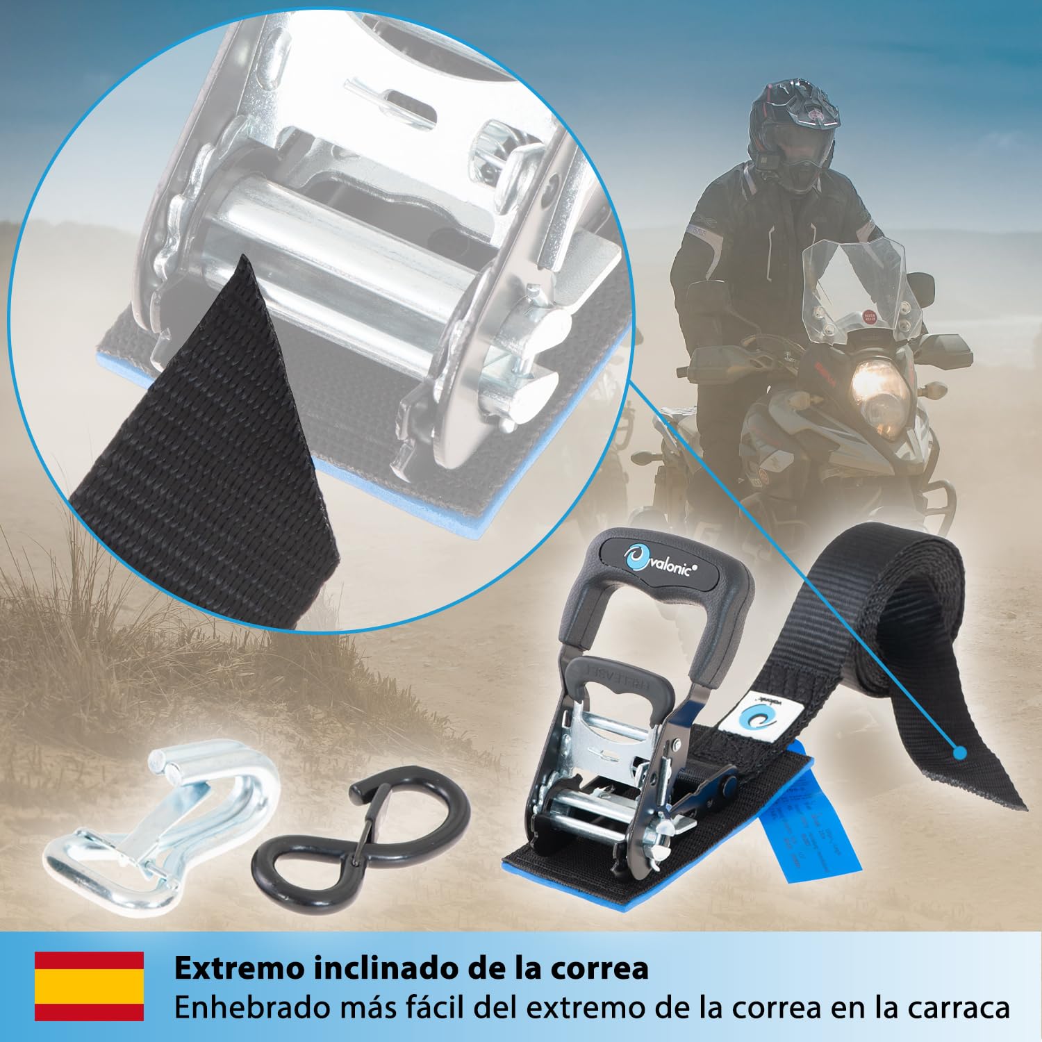 valonic Panther - 2X 2,25m cincha de Amarre con trinquete para Motos, 38mm, 650/1300 Kg, Acolchado, Certificado TÜV Rheinl/GS, EN 12195-2 - Distancia de tensado Corta, para remolques