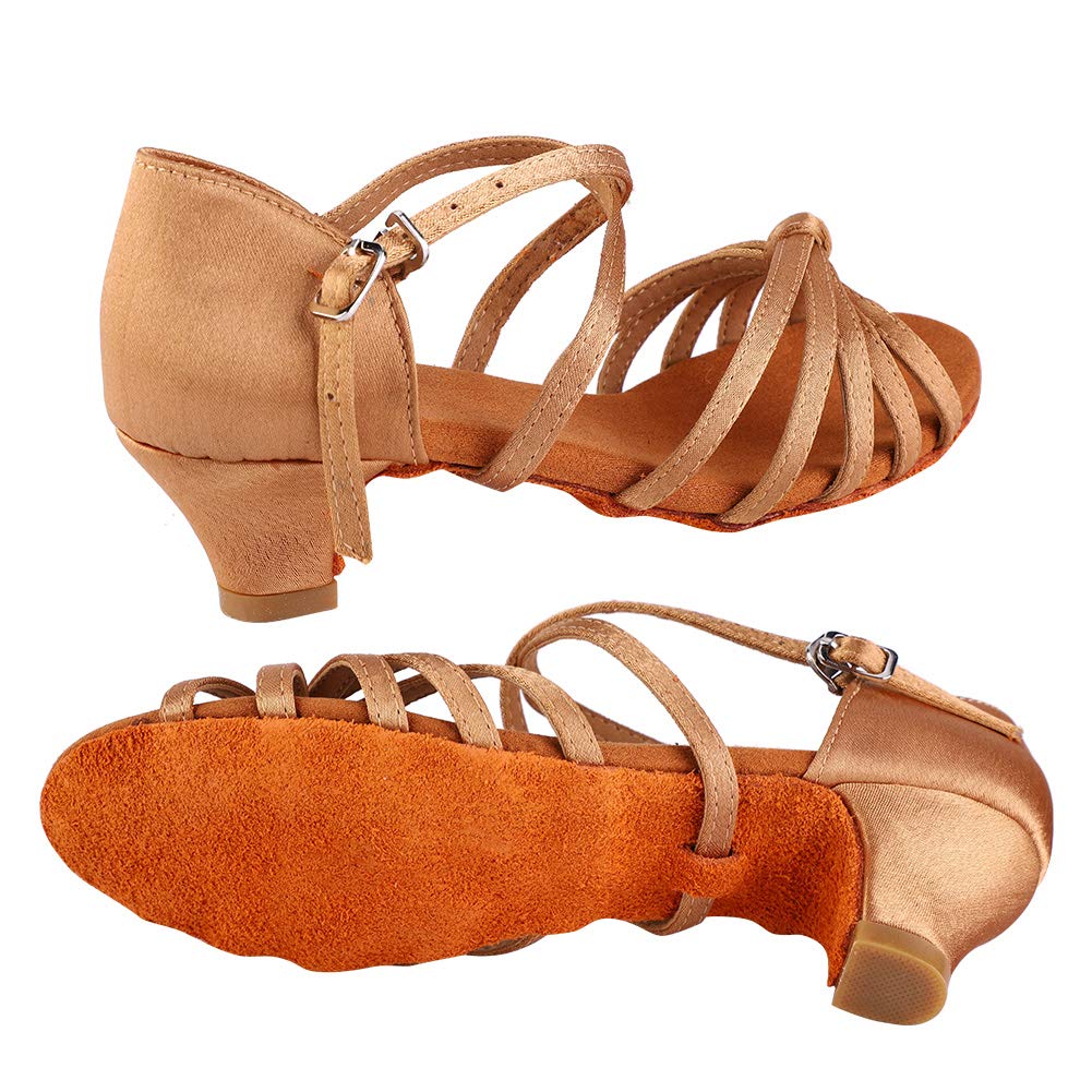 JTLB Latin Dance Brown Children Girl Dance Shoes, 4cm High Heel, Classical & Fashionable, Breathable, Non Deformation Dance Shoes, with Fine Material, (36)
