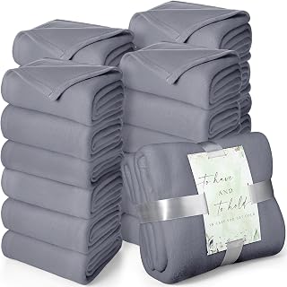 Buryeah 24 Pack Oeko-tex Certified Wedding Flannel Throw Blanket Bulk 50 x 60 Inch Soft Fleece Lap Blanket with Thank You Cards Ribbon for Guests Sleepover Spa Slumber Favors Gifts (Light Gray)