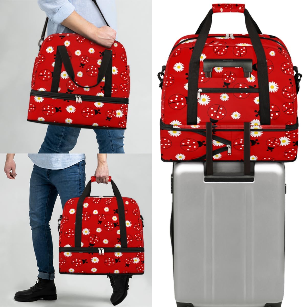 QsirBC Ladybugs Funny Style Gym Bag for Women Duffle Tote with Shoes Compartment Men Weekender Duffel for Dance Travel Sports Swimming Overnight