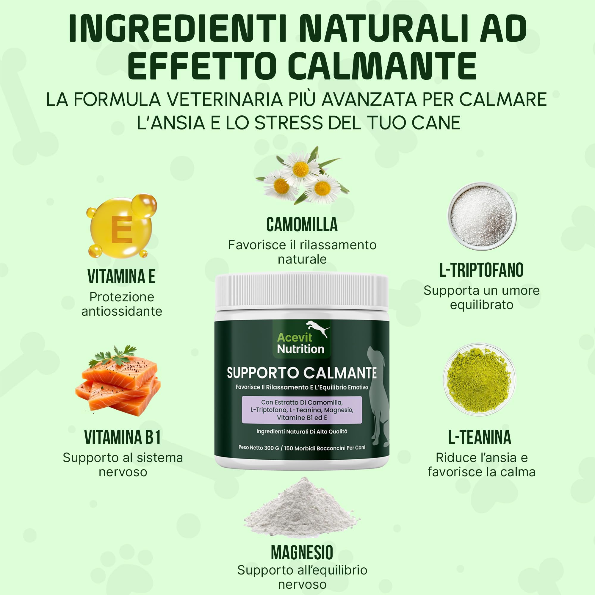 Calmante per Cani, 150 bocconcini, 100% Naturale – Antistress Naturale con L-Triptofano e L-Teanina – Aiuta contro Ansia, Stress e Nervosismo – Supporto Emotivo Senza Sonnolenza | Acevit Nutrition