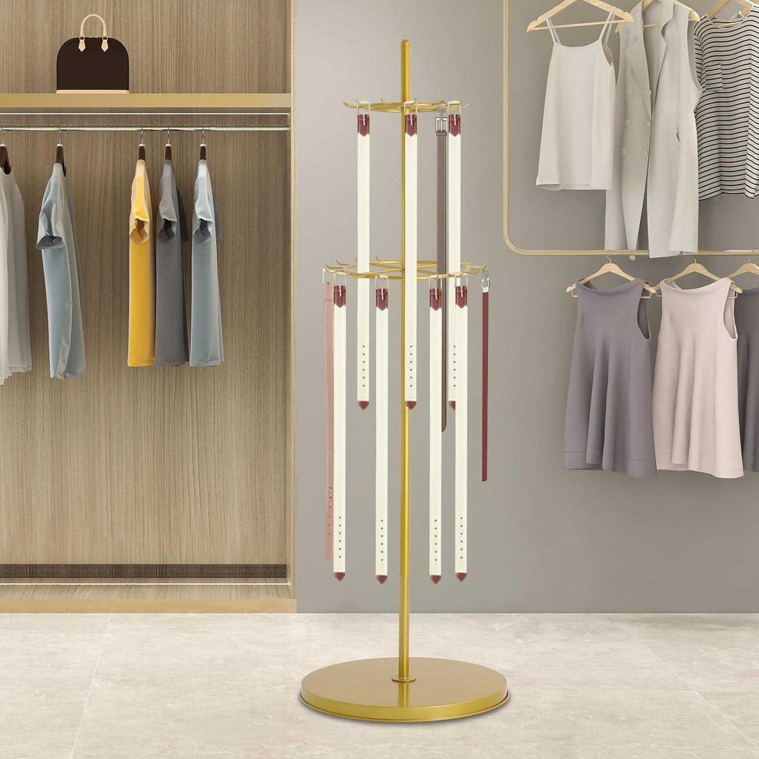 2-Tier Belt Display Stand with 31 Hooks, Gold Metal Scarf Organizer Rack for Belts Ties Accessories, Sturdy Free Standing Store Display Shelf for Boutique Retail Store