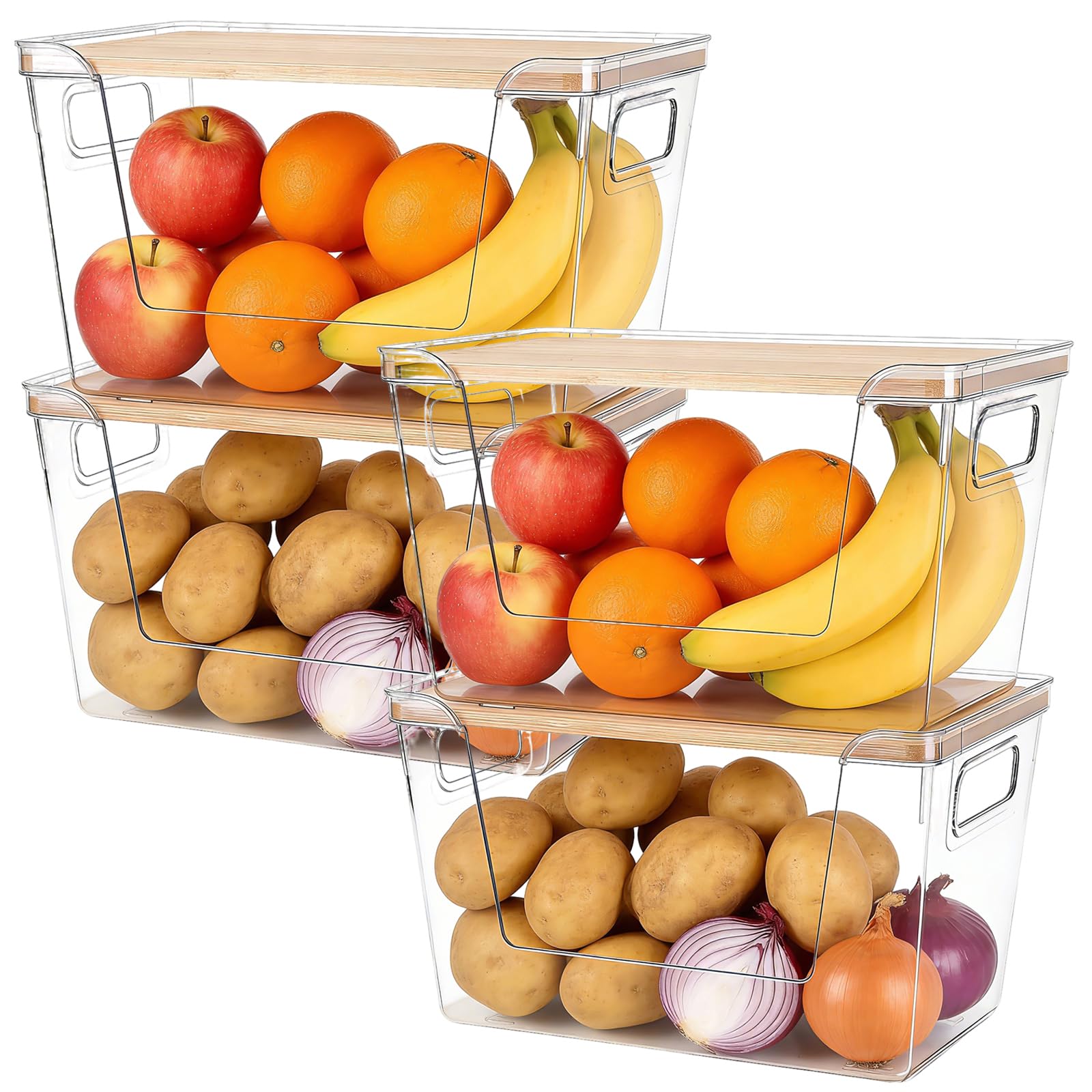 Juego de 4 organizadores y almacenamiento de despensa – Contenedores apilables de almacenamiento de despensa para patatas, cebolla, ajo, frutas, verduras, productos – cestas de organización