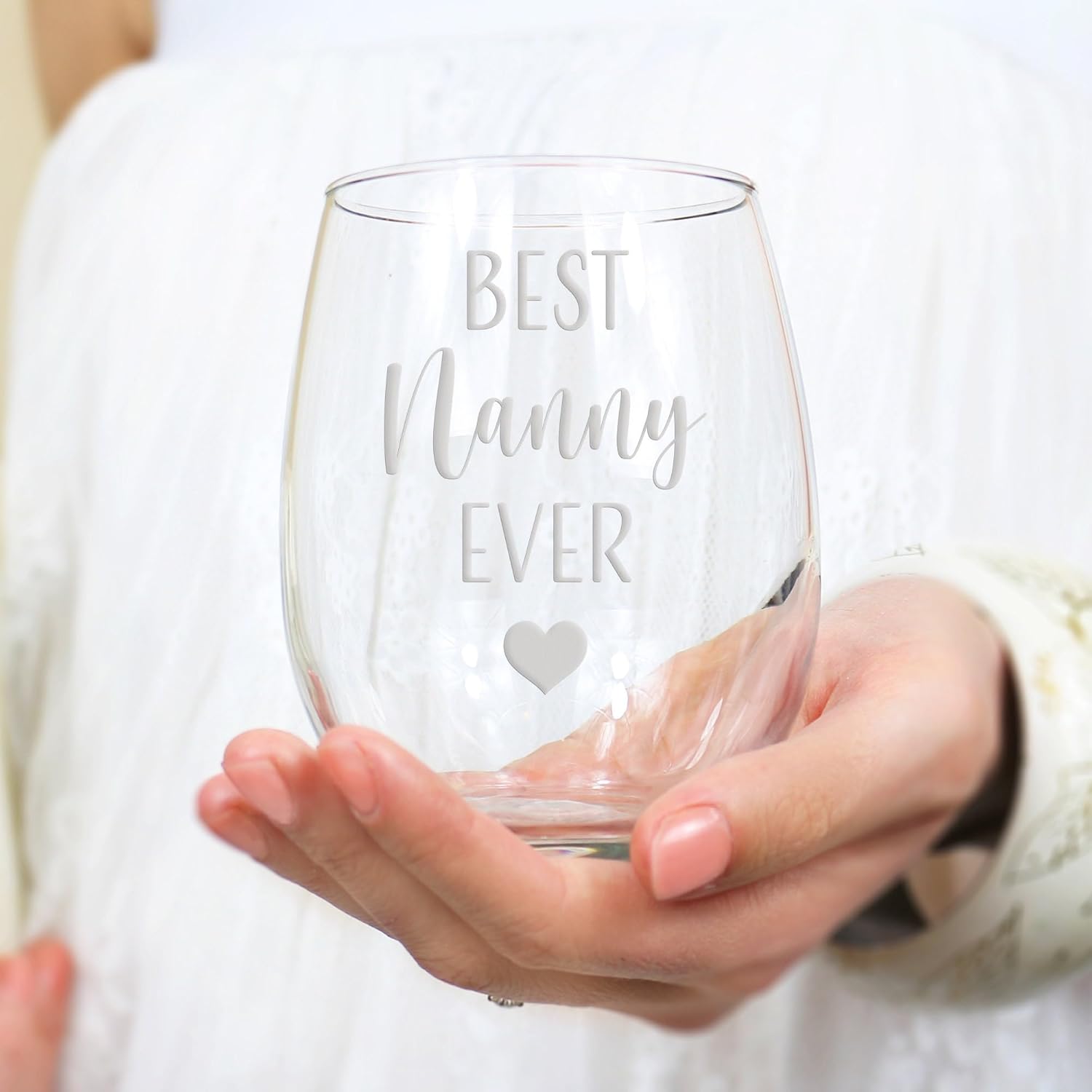 Nanny Gift, Babysitter Gift, Best Nanny Ever Heart Stemless Wine Glass - 2 Glasses