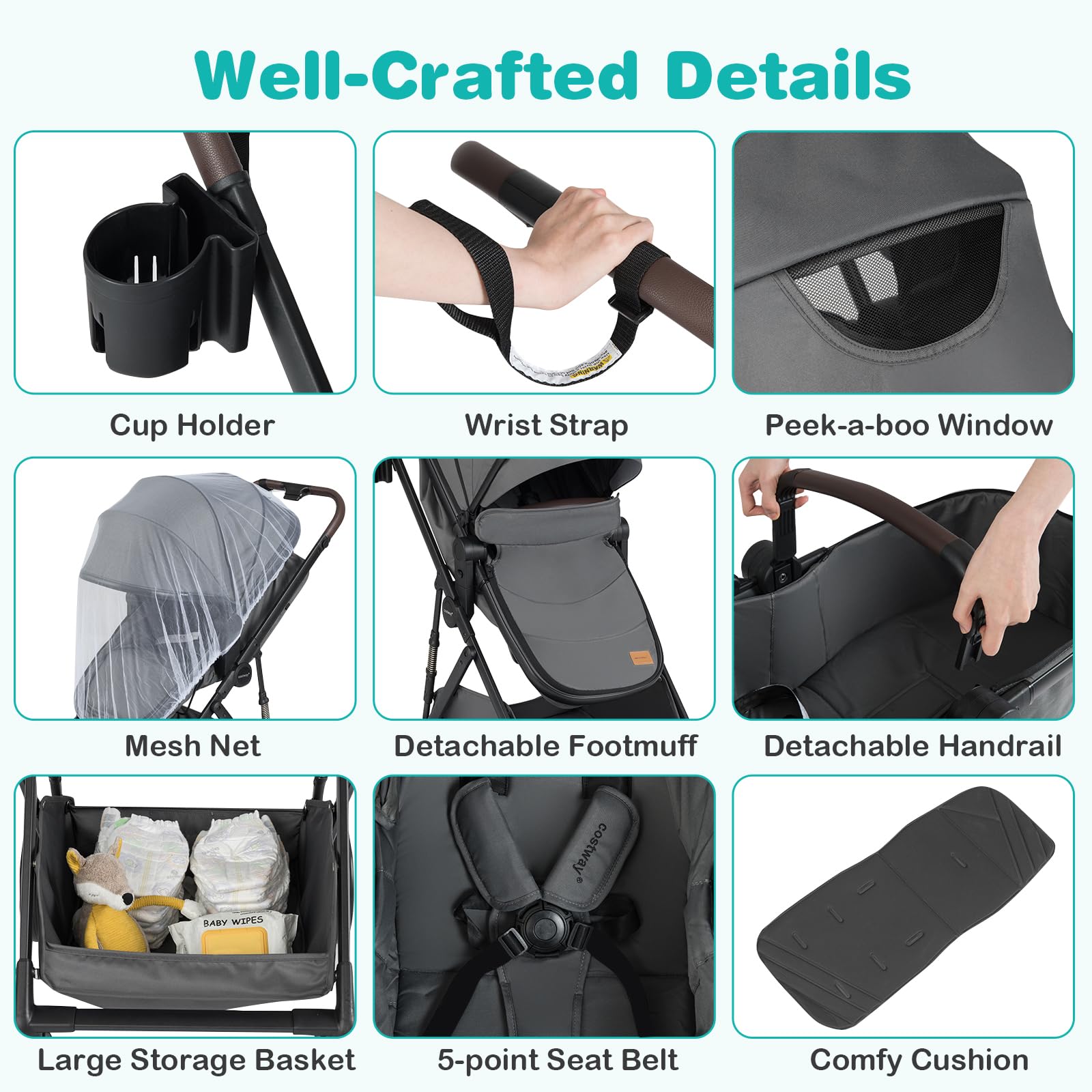 COSTWAY 3 in 1 Baby Stroller, Foldable Travel System Pram with Reversible Seat, Adjustable Canopy & Backrest, Mesh Net, Storage Basket, Lightweight Infant Newborn Pushchair for 0-36 Months (Grey) — view 8