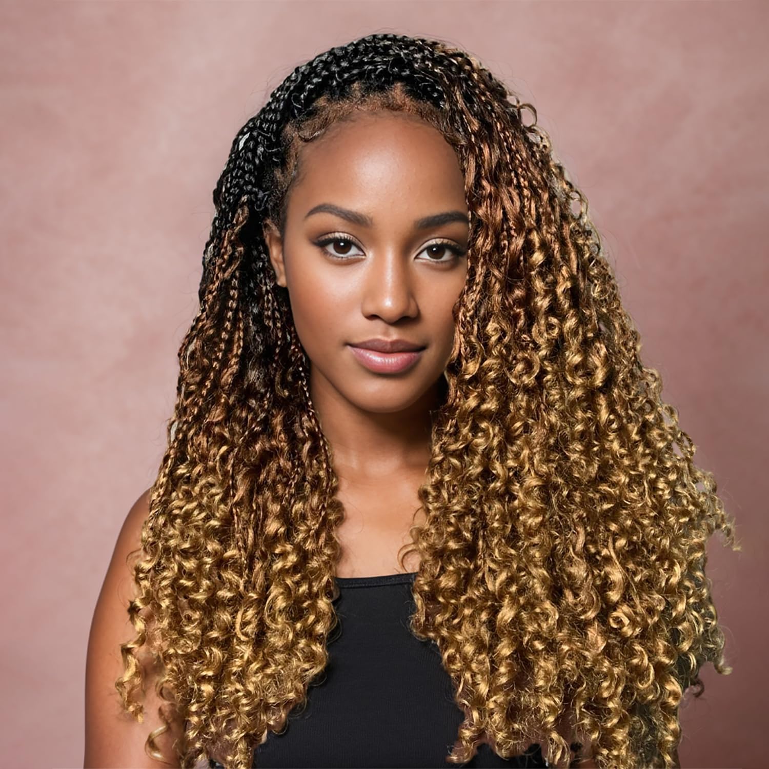 18 Inch Boho Crochet Braids for Black Women Brown Blonde 7 Packs Pre Looped Goddess Box Braids Crochet Hair with Curly Ends Hair Extensions, 1B/30/27