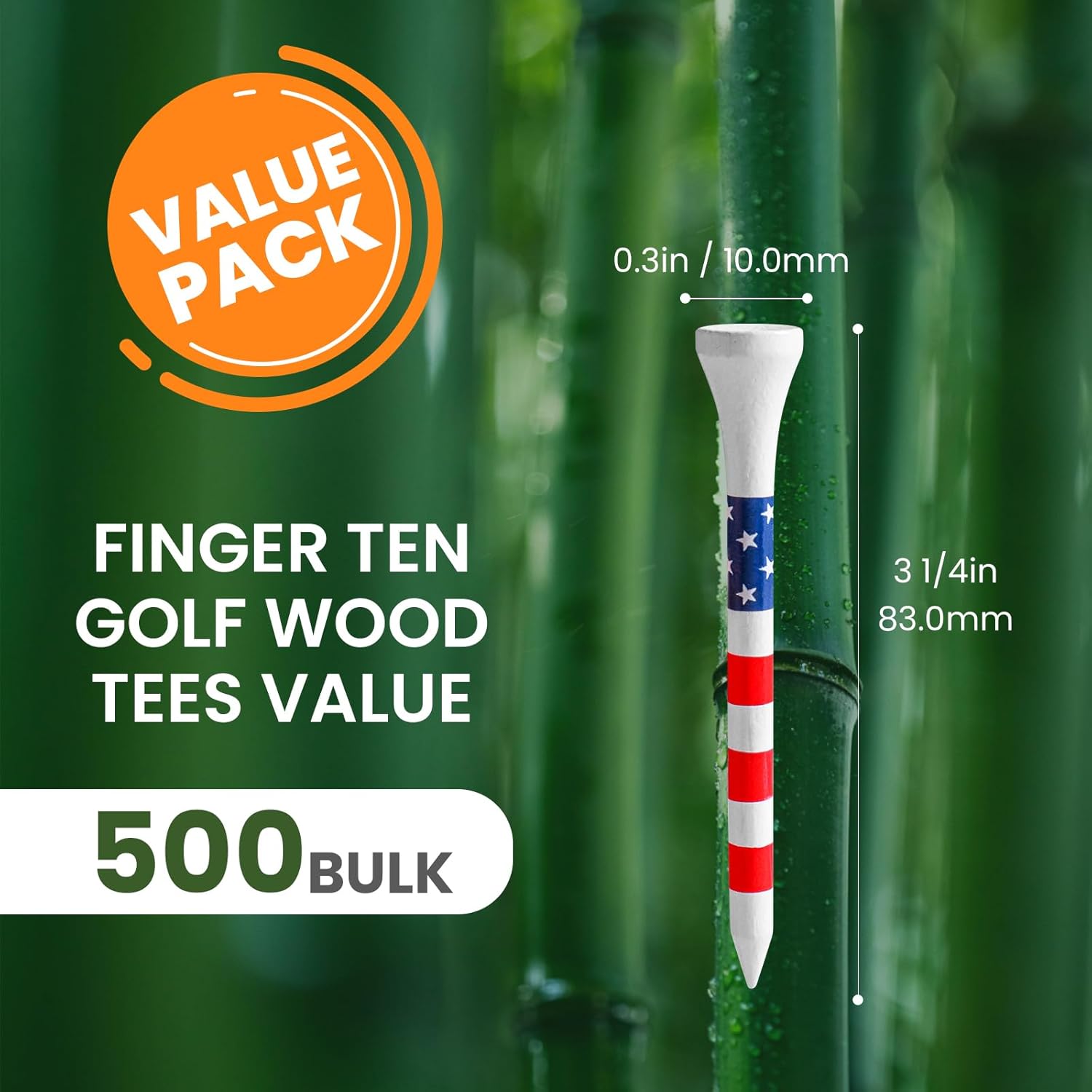 FINGER TEN Bamboo Golf Tees Wood 1 1/2 2 3/4 3 1/4 Inch Wooden Short Long Tee Color Bulk 250/500/1000/2000 Count for Men Women Kids in Red Pink USA Flag
