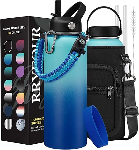 Botellas de agua de acero inoxidable de 40 onzas con aislamiento  Frío 48H caliente 24H botella de agua con tapa flexible de pajilla, cuerda de