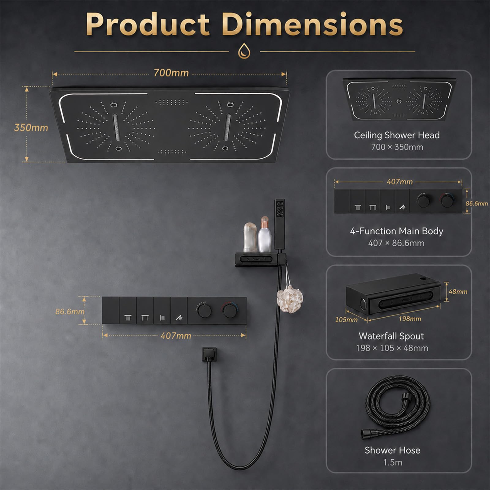 Unterputz Duschsystem mit Thermostat, 700 x 350 mm Deckenmontage Duschset mit 3 Strahl, LED Bluetooth Musik Duscharmatur Set für Bad mit 2 Funktionen Auslauf und Handbrause