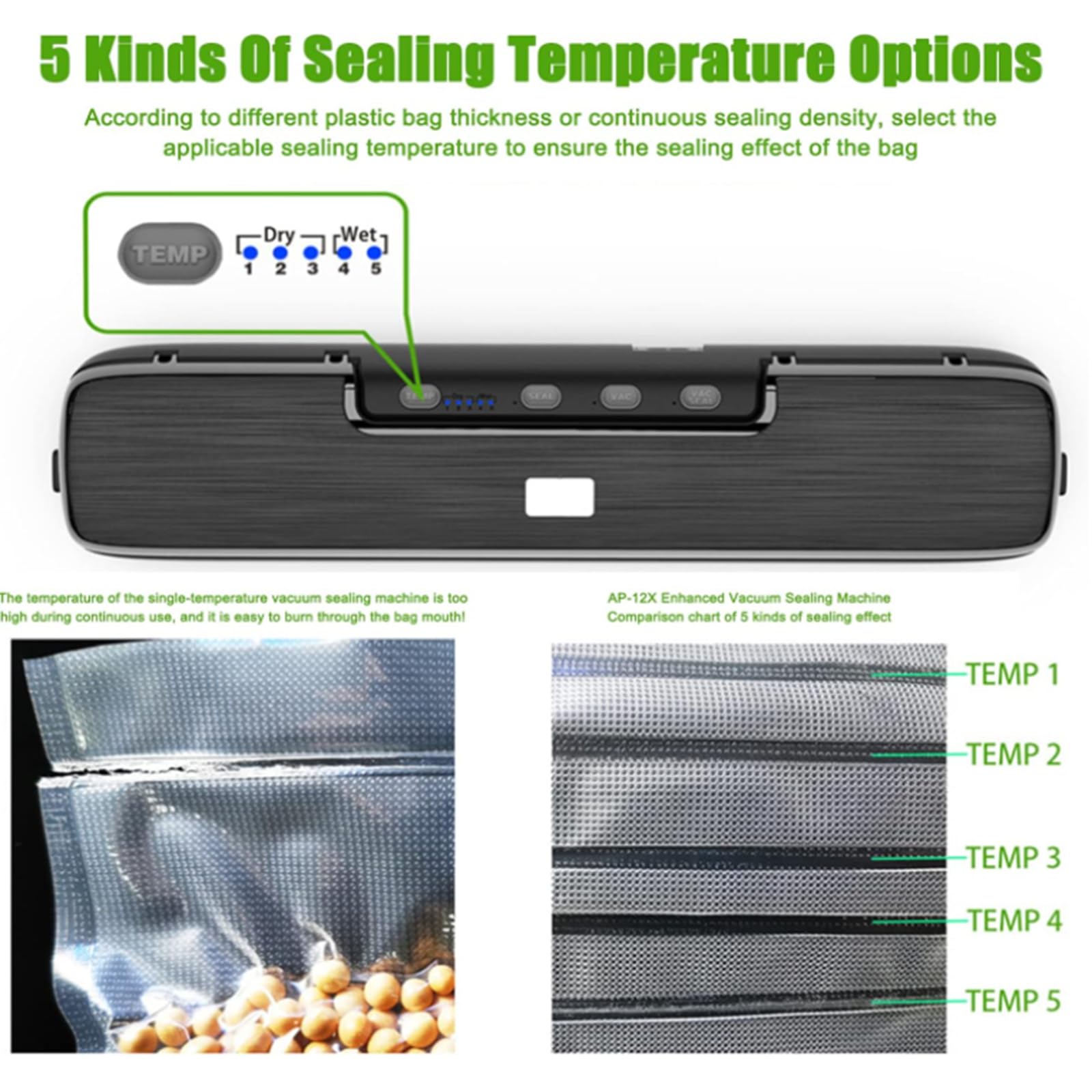 Máquina selladora al vacío de alimentos con 15 bolsas al vacío, 5 temperaturas de sellado ajustables, sellado rápido, diseño impermeable para conservación fresca de alimentos secos y húmedos