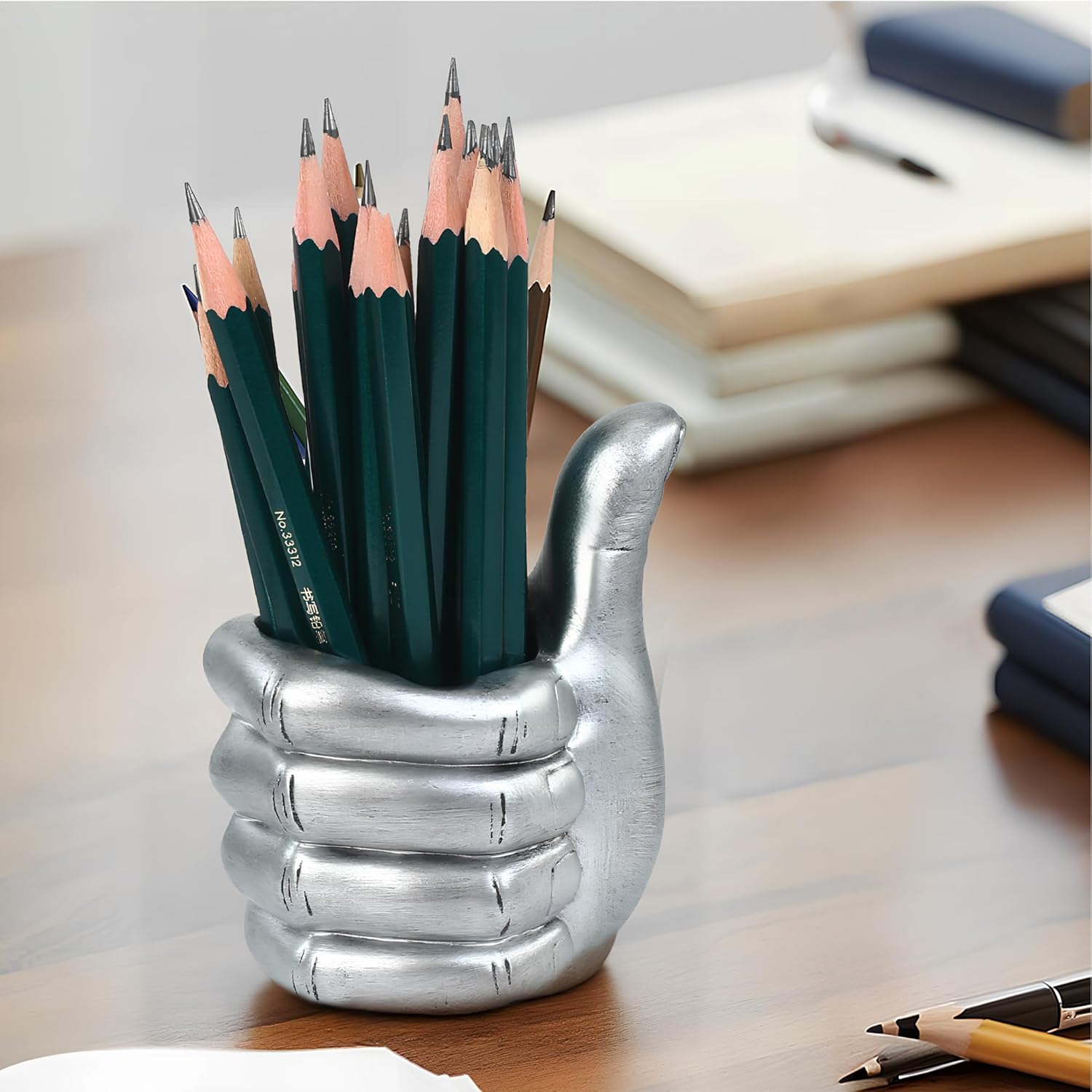 Thumbs Up Pen Holder and Phone Stand,Thumbs Up Very Good Pen Container Cell Phone Stand Holder Desk Organizer Decoration for Office Desk Home Decorative (silvery)