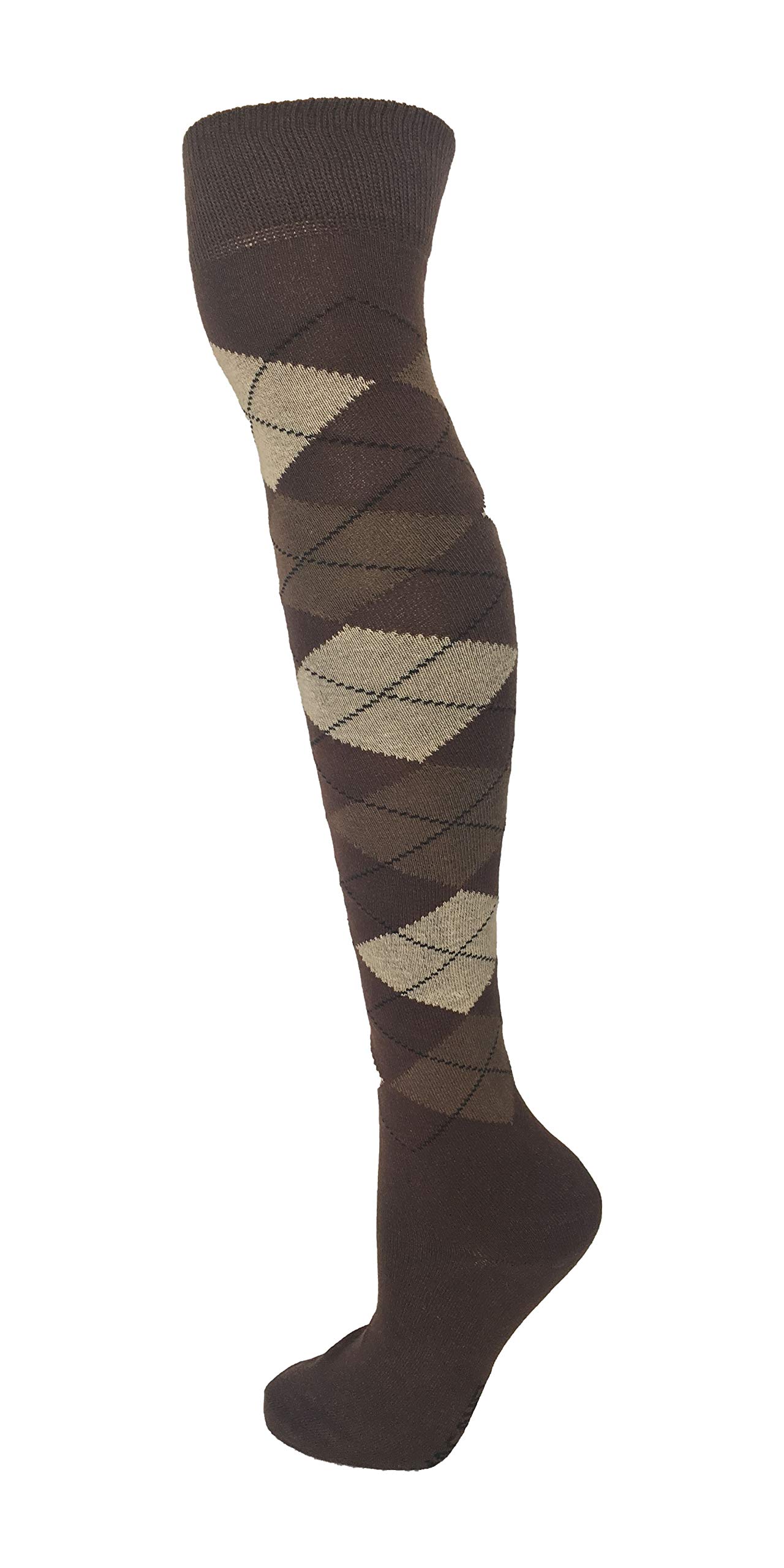 M Macahel Women's Latte On Brown Macahel Cotton Rich Over The Knee Argyle Diamond Design Socks (Latte On Brown)