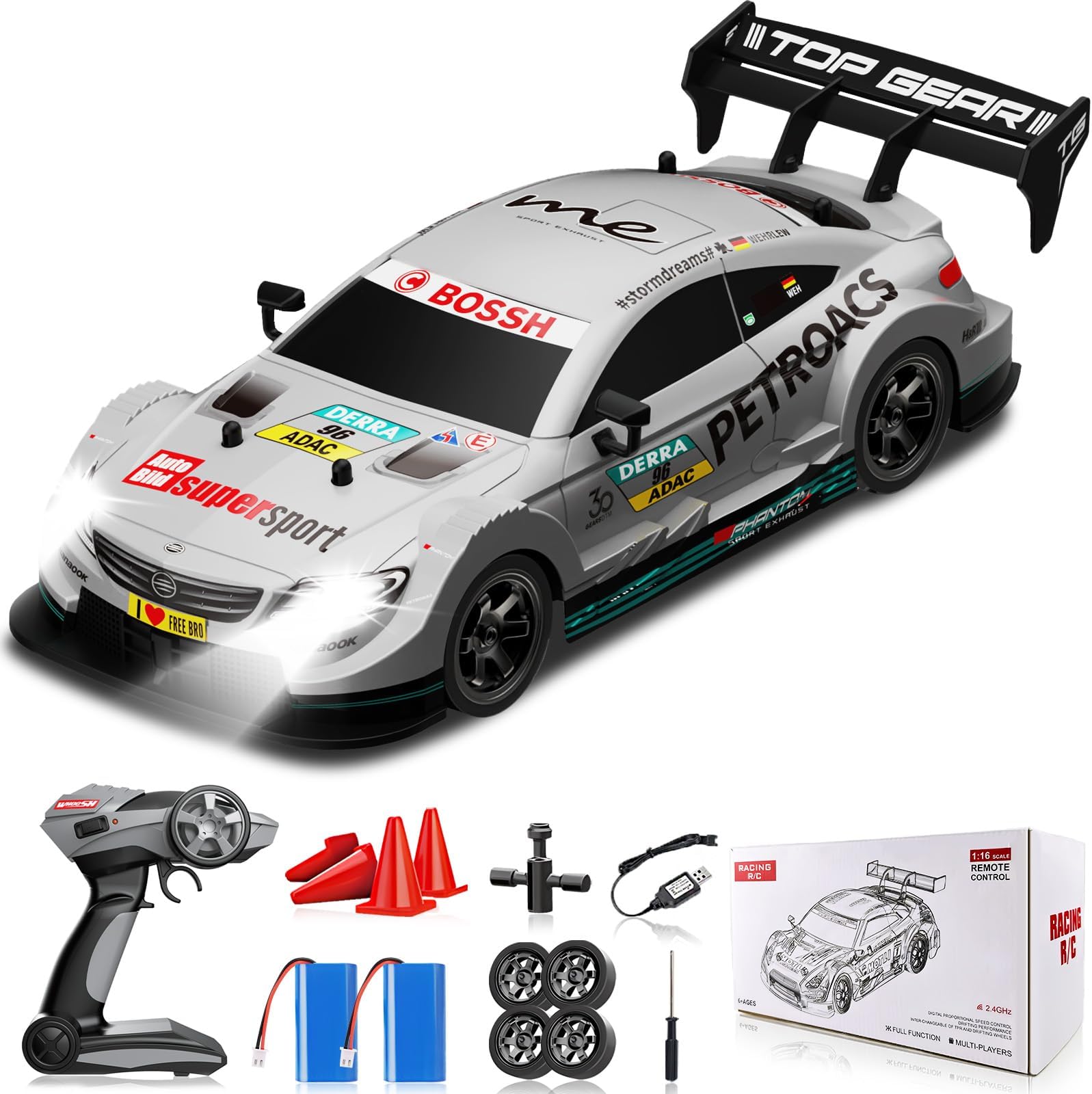 1/16 RC Drift Car, Remote Control Drift Cars for Adults, 4WD 2.4GHz RC Cars High Speed Racing Car Toys Silver with Lights Rechargeable Batteries Toy Car for Kids Boys