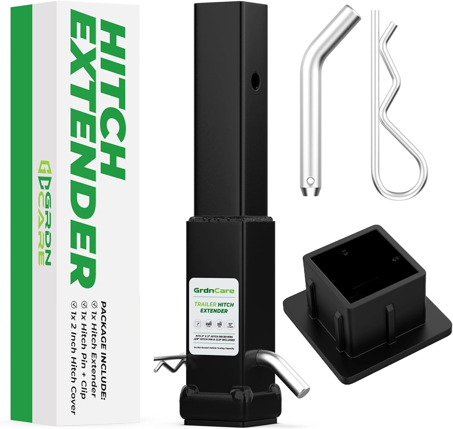 GrdnCare 12" Trailer Hitch Extension with Pin & Cover – Heavy‑Duty Trailer Hitch Extender for 2 Inch Receiver, Supporting 3,500 lb GTW & 350 lb Tongue Weight, Anti‑Rattle