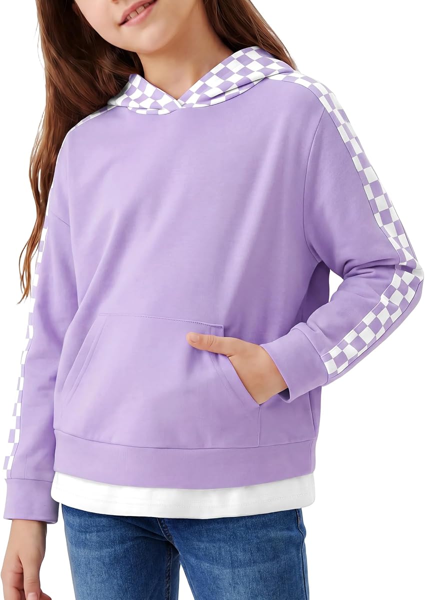 DISAUR Girls Checkered Hoodie Long Sleeve Pullover Sweatshirt Ages 4-12