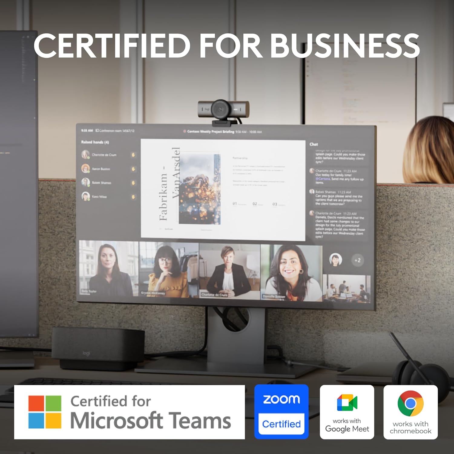Logitech MX Brio 705 webcam in a professional setting, certified for Microsoft Teams, Zoom, Google Meet, and Chromebook.
