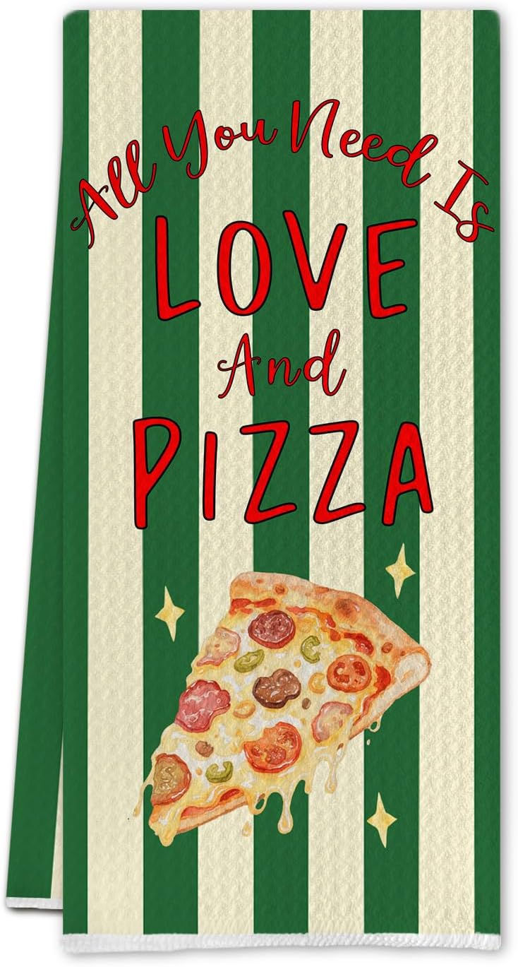 Funny Green Red Italian Pizza Kitchen Towels,Pizza Gifts for Women Men Cook Chef,Funny Italian Party Dish Hand Towels Decor for Kitchen Women Men Party Cooking Lovers,16X24 Inch