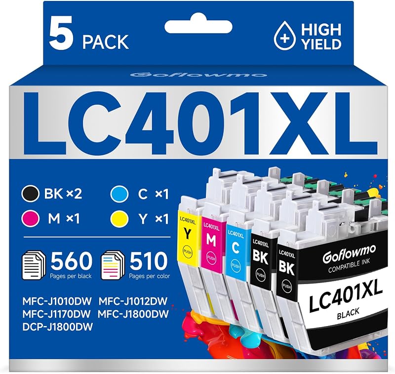 LC401XL Ink Cartridges Compatible for Brother Printer LC401 LC 401XL 5-Pack | High Yield, LC 401 XL Works with MFC-J1010DW MFC-J1170DW MFC-J1012DW MFC-J1800DW Ink (2 Black, 1 Cyan, 1 Magenta, 1 Yellow)