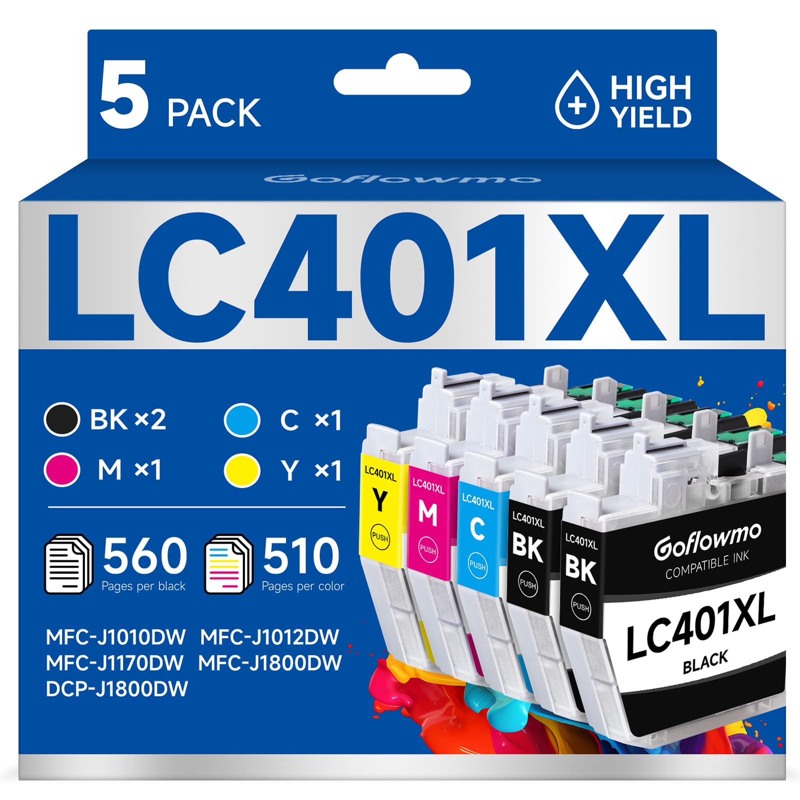 Photo 1 of GoFlowmo LC401XL Ink Cartridges for Brother Printers, 5-Pack