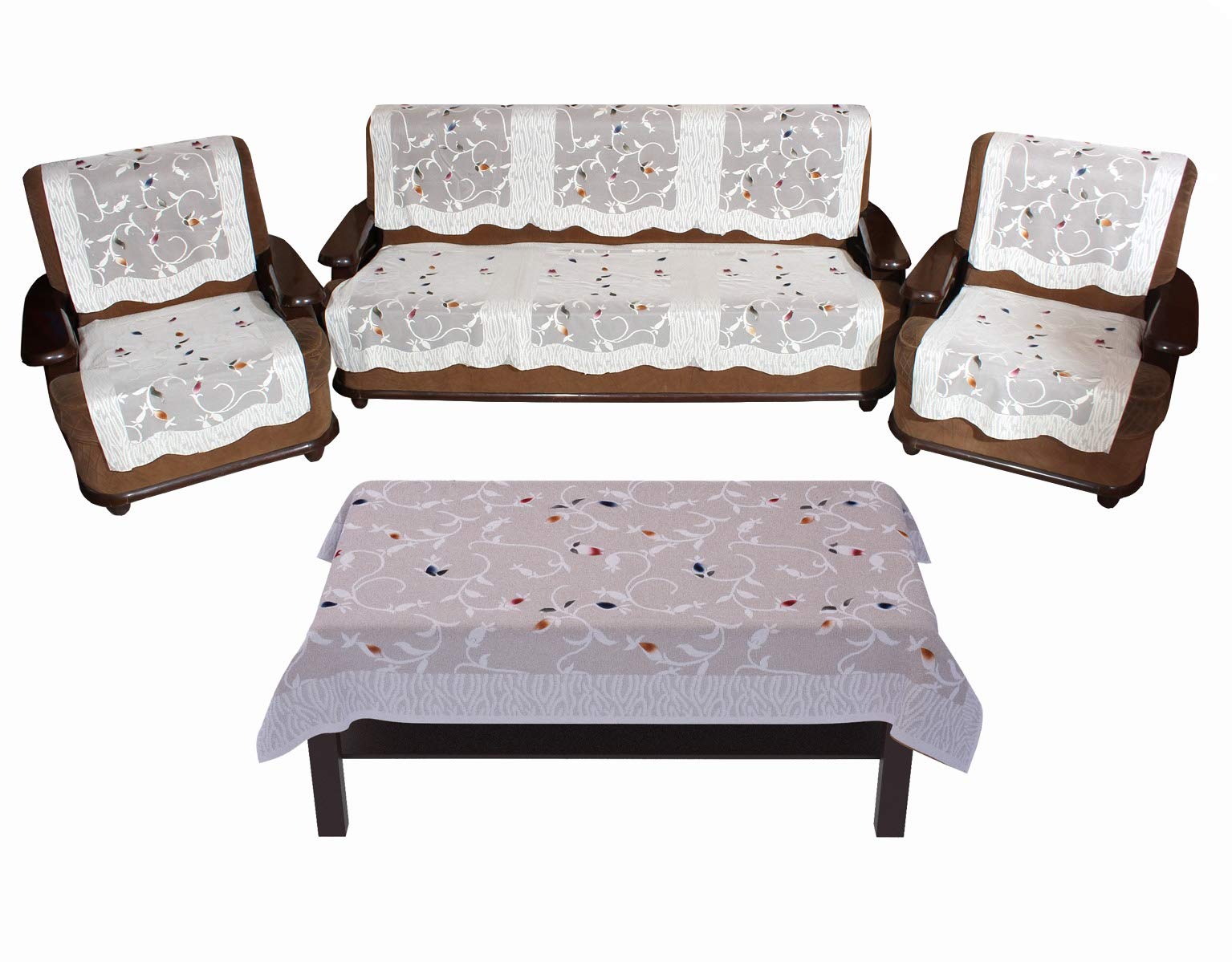 Yellow Weaves Polyester Flowered 5 Seater Sofa and Chair Cover Set with 1 Center Table Cover (White)-image-46