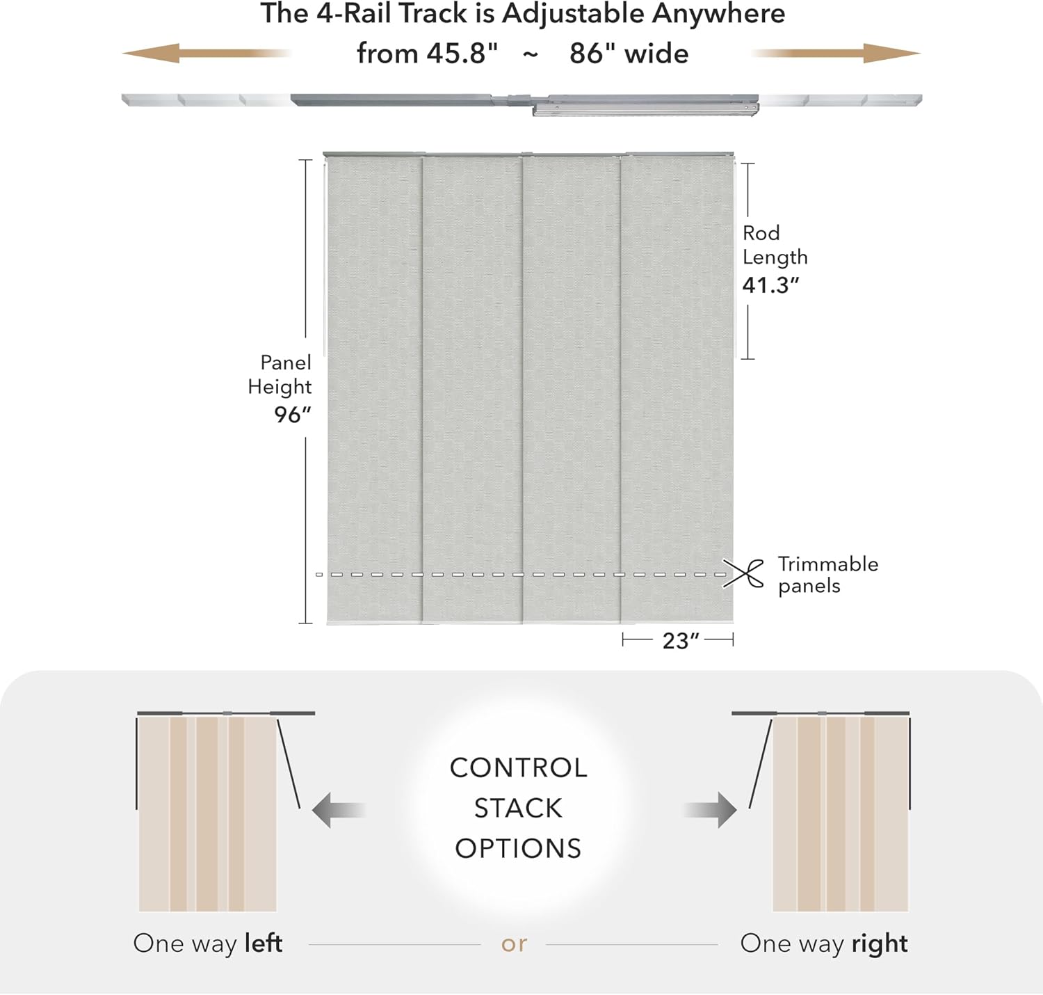 GoDear Design Adjustable Sliding Panel Track Blinds,White Curtain Blinds For Sliding Glass Doors, Room Dividers, Adjustable Track Width 45.8"- 86", Trimmable Panel Height Up to 96", Dual Sided, Bishop