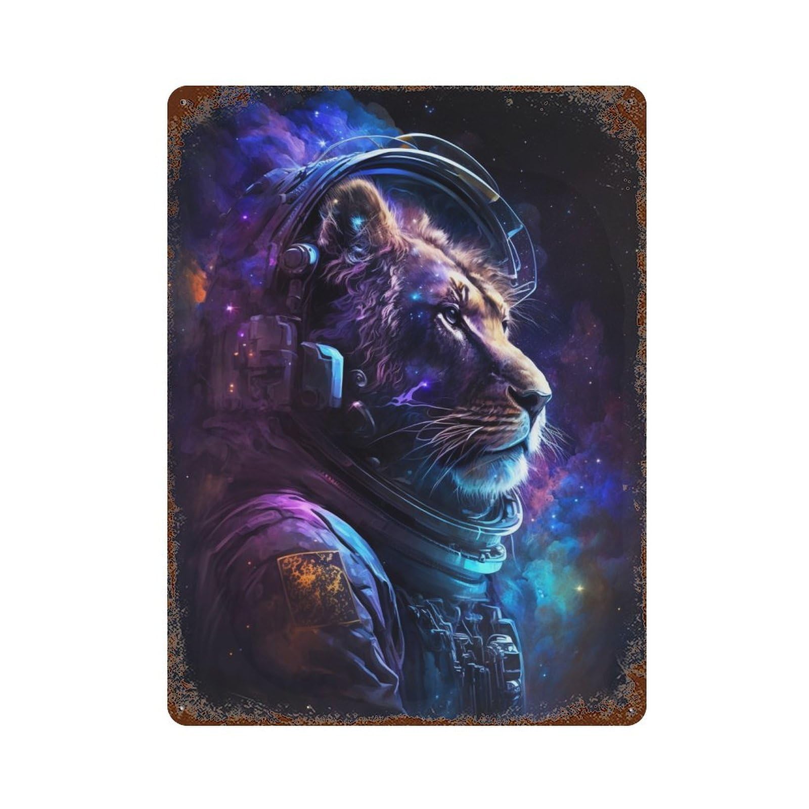 Rust Effect Lion Astronaut in Space -7 Vintage Metal Tin Sign 15.7"x11.8", Farmhouse Wall Decor for Garage, Bar And Workshop Decor