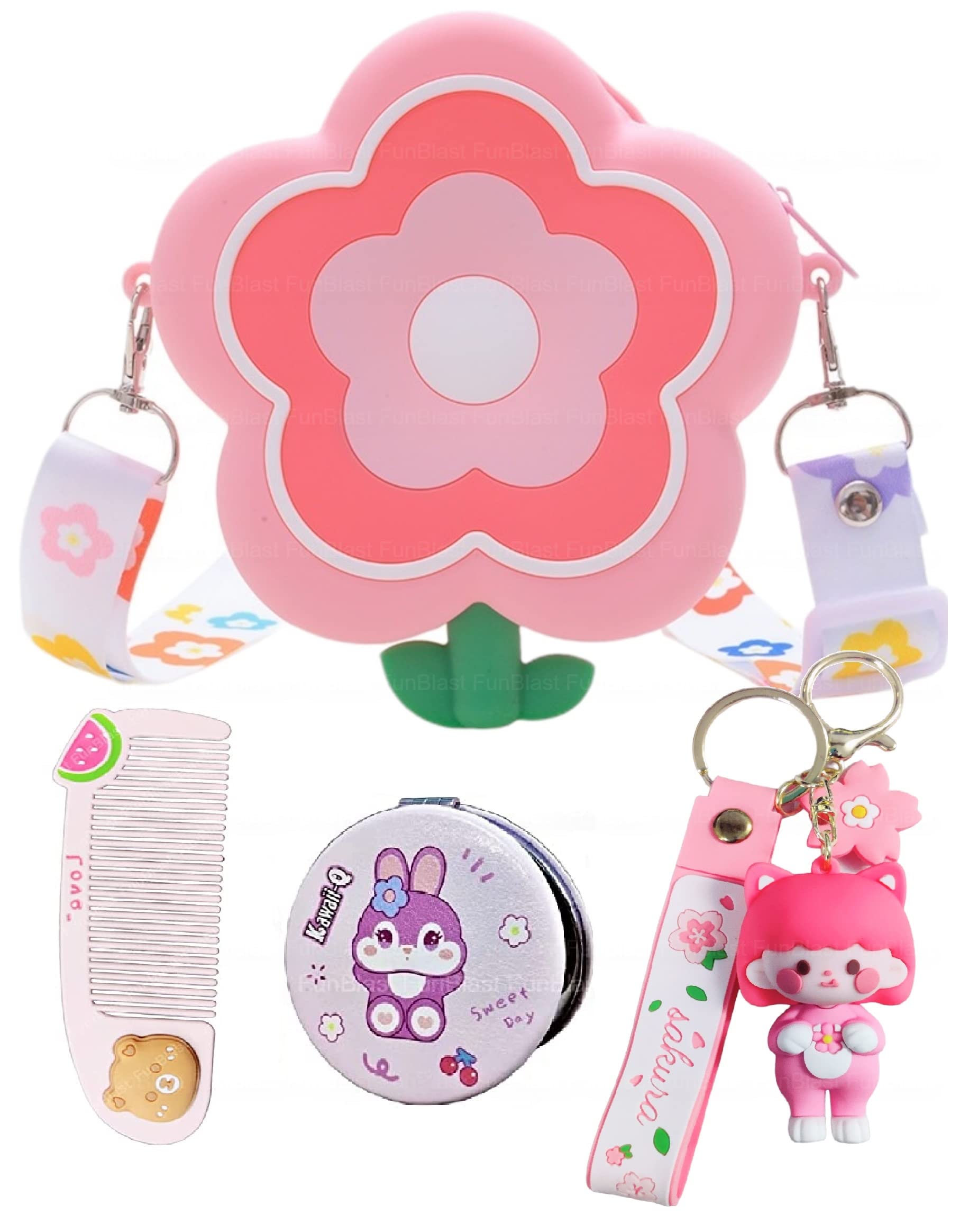 FunBlast Flower Sling Bag with Key Ring, Comb and Mirror – Silicone Mini Bag for Girls, Fancy Bag for Girls, Purse, Stylish Cross Body Bag with Adjustable Strap, Korean Bag for Girls (Pink) (B0BSLG4BKJ) Amazon Price History, Amazon Price Tracker