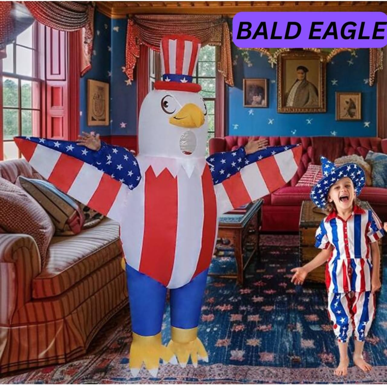 Patriotic Bald Eagle Inflatable Costume Air Blow Up Outfit Adult One Size Cosplay for 4th of July Independence Day Halloween Party Parade