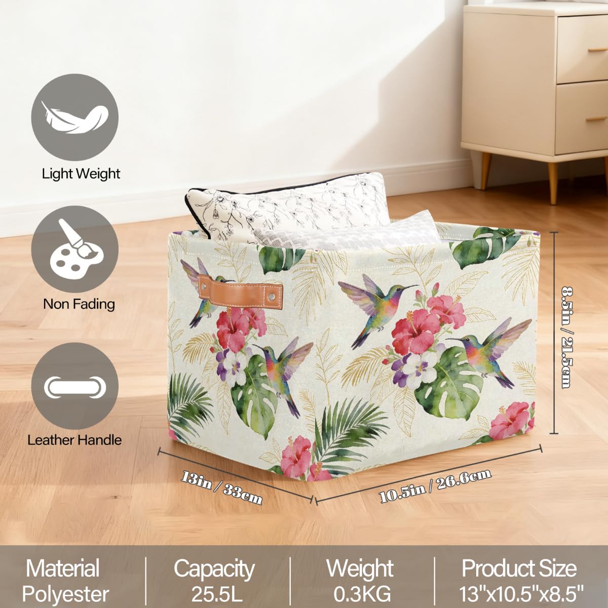 Rechteckiger Aufbewahrungskorb für den Sommer, Kolibri, Hibiskus, mit Ledergriffen, 2 Stück, faltbarer Stoff-Aufbewahrungskorb für Schrank, Badezimmer, Wohnzimmer, Büro, Spielzeug, Organizer