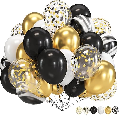 Miniatura 1 de Globos negros y dorados, 60 paquetes de globos de mármol de ágata negra y blanca de 12 pulgadas con globos de confeti dorado metálico para hombres y