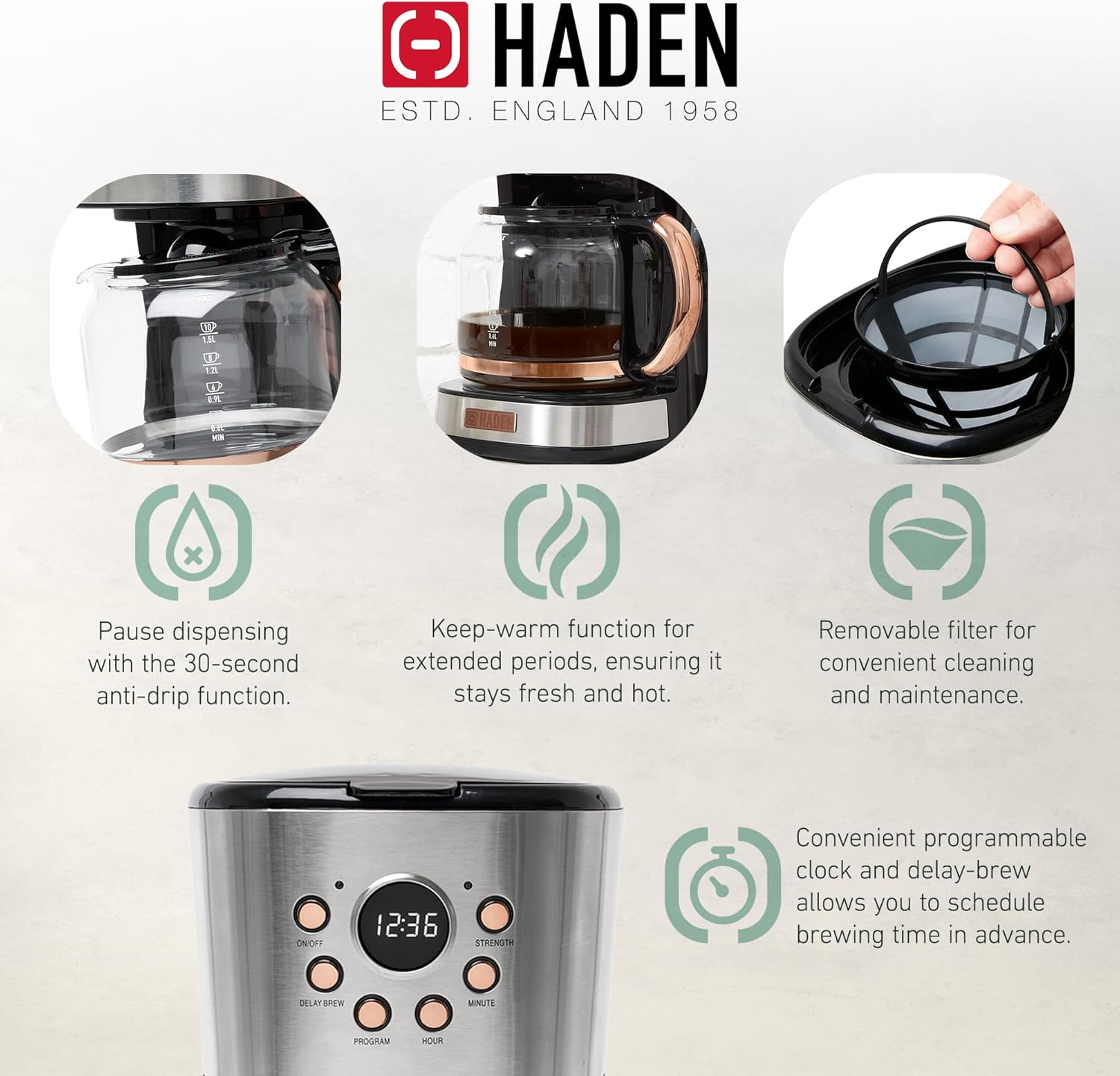 Haden 12-Cup Programmable Steel & Copper Drip Coffee Maker