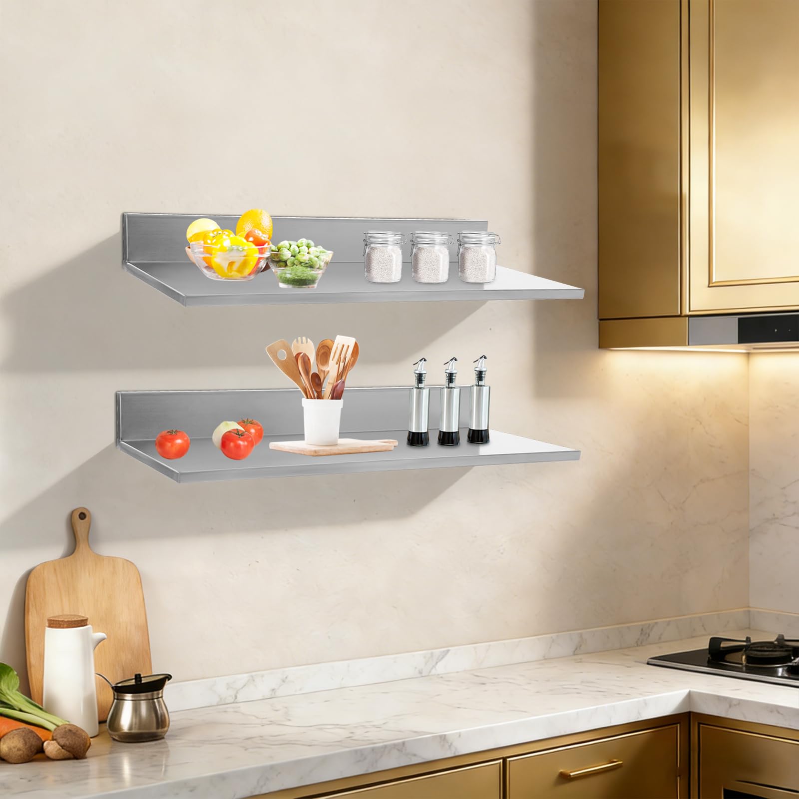 Set di 2 mensole da parete per cucina, in acciaio inox, montaggio a parete