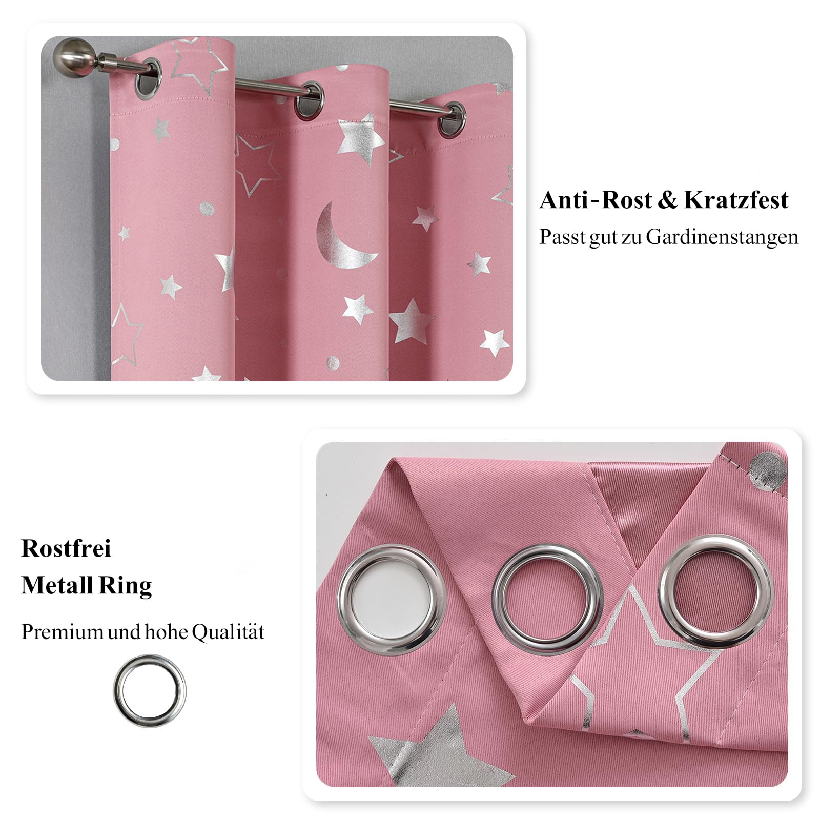 Freyamy Vorhang Blickdicht Rosa Mond Sternenvorhänge 2 Stück,130x100cm (HxB) Niedliche Vorhänge mit Ösen Lichtundurchlässig thermovorhang kälteschutz Gardinen Lärmschutz für Kindervorhänge