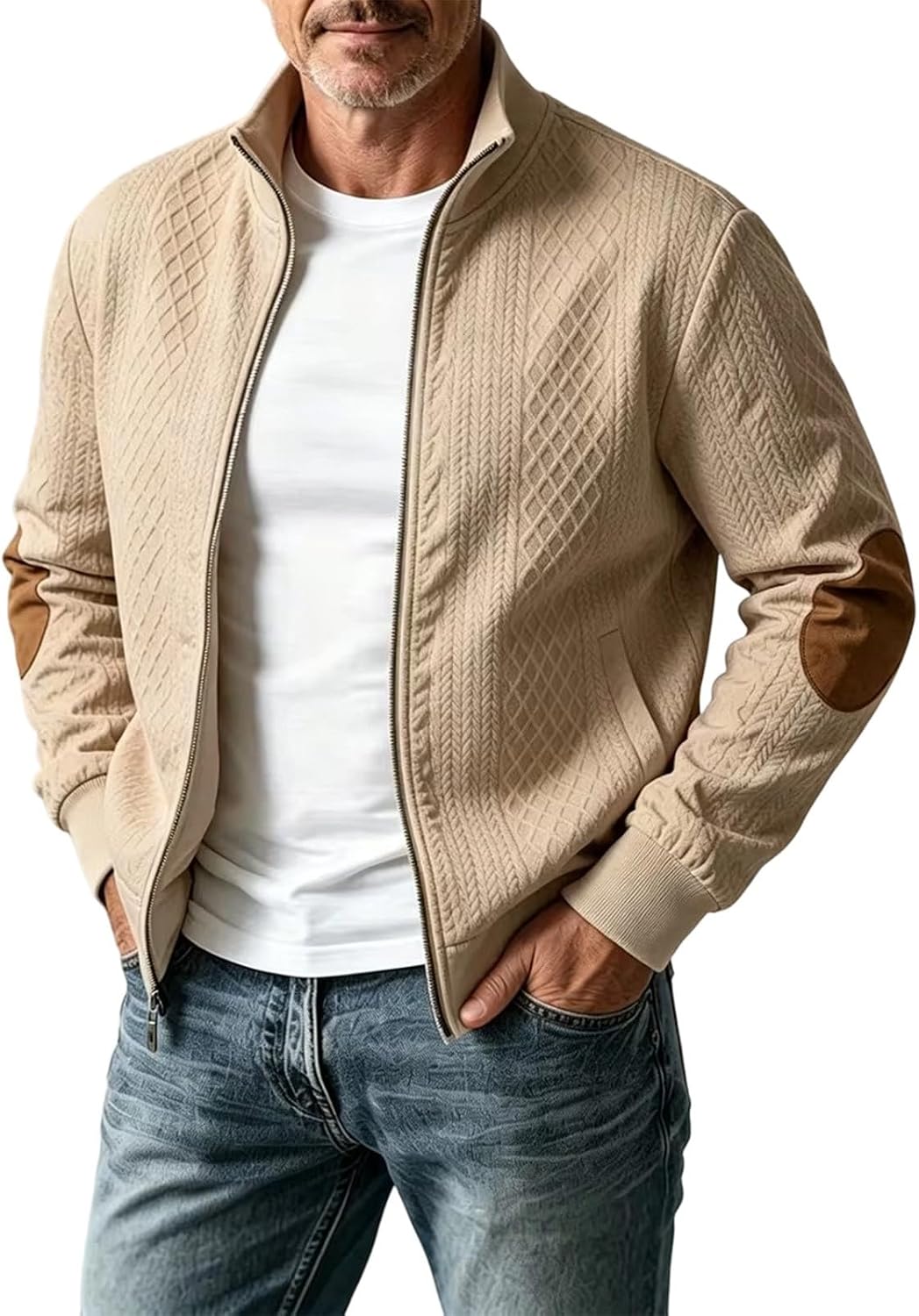 Men Stand Collar Zip Up Jacket Long Sleeve Comfy Sotf Jacquard Shirts Fall Winter Fashion Outerwear with Pockets