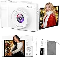 Câmera Digital 4K, Fotográfica Vlog para YouTube, Cartão SD de 64G, tela LCD de 2.8", tela giratória de 180 graus, zoom digital de 16x, Câmeras Compactas para Viagens/Adolescentes (branco)