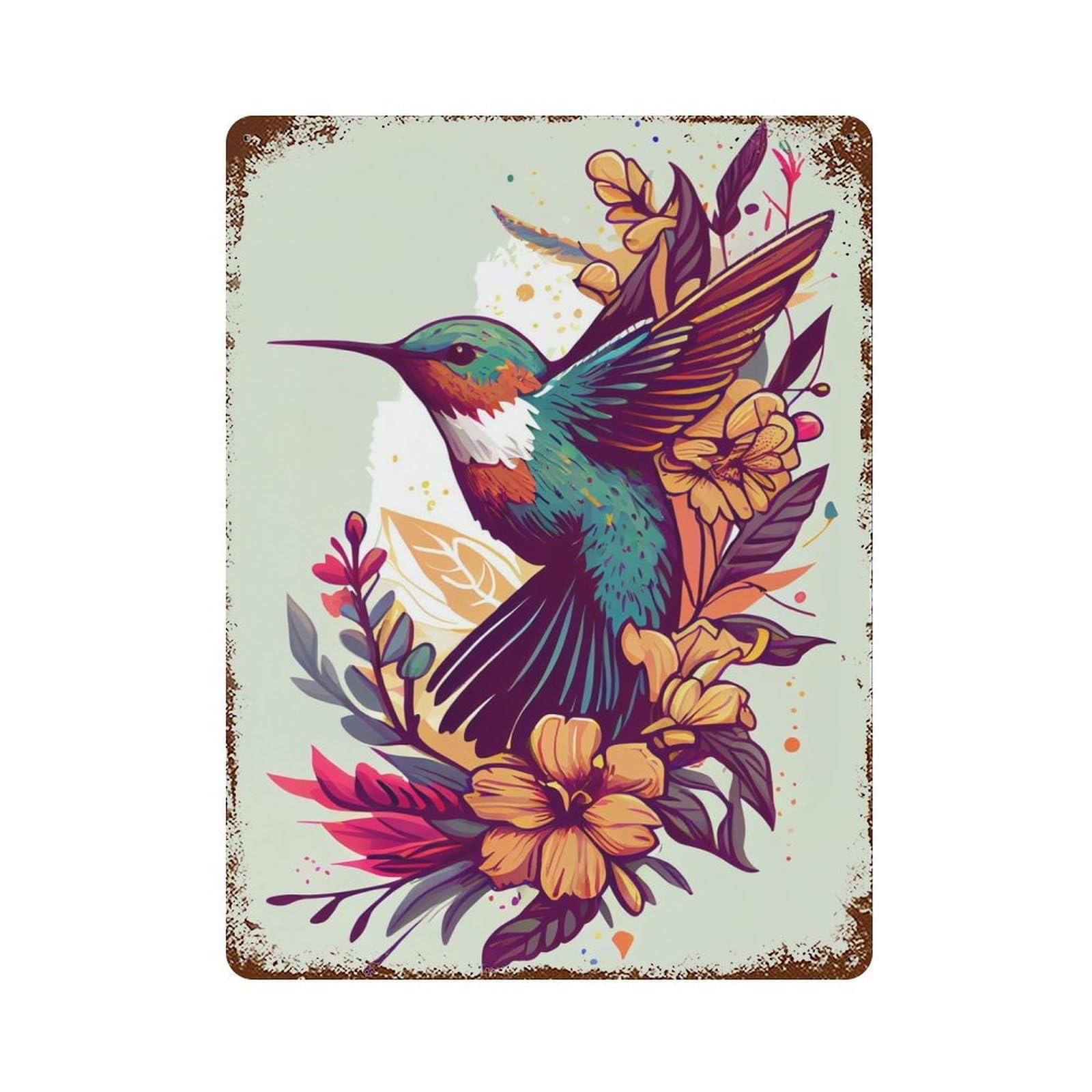 Rust Effect Hummingbird Flowers Vintage Rust Metal Sign 15.7"x11.8", Classic Wall Plaque for Shed, Workshop And Garage Wall Decor