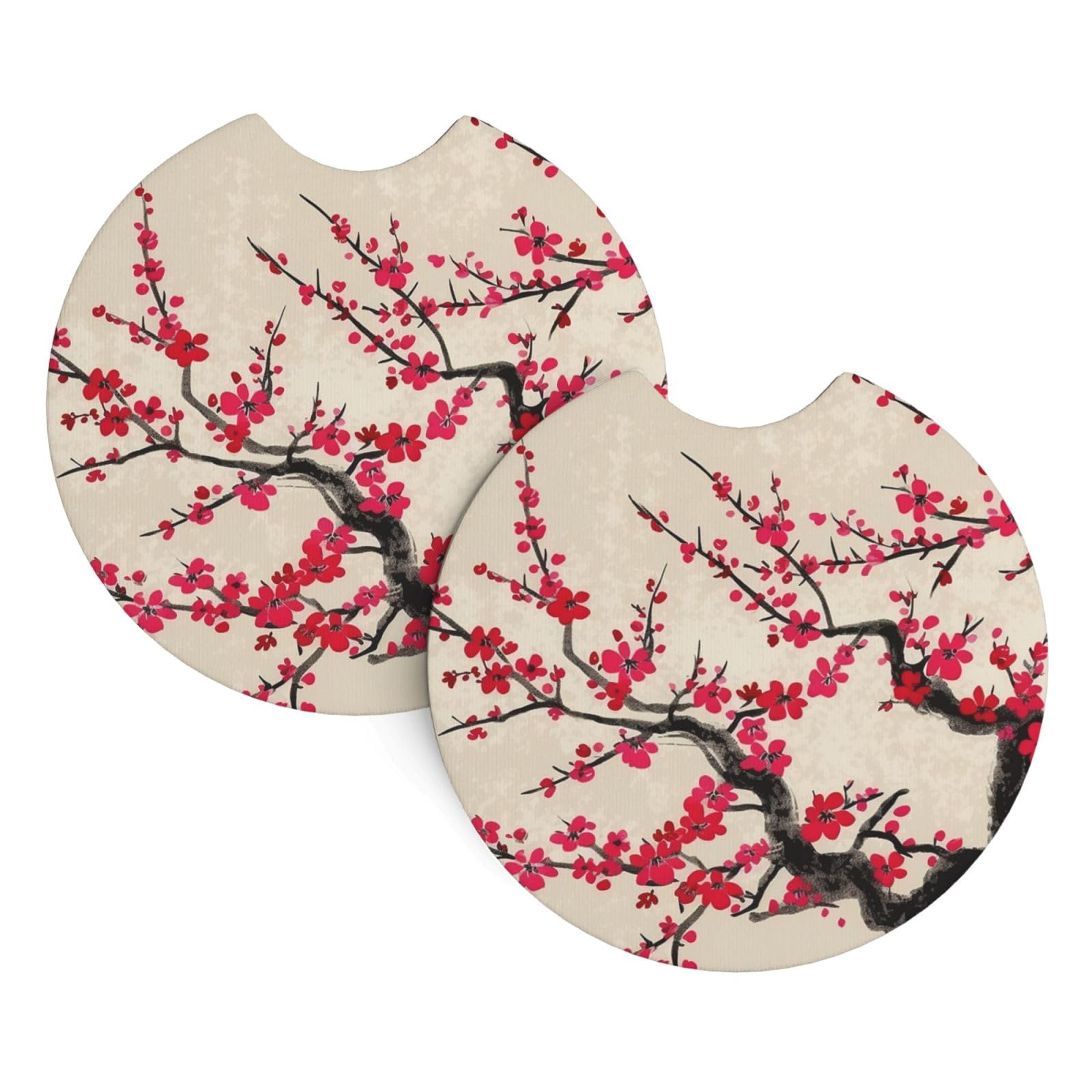 2PCS Car Coaster for Cup Holders Universal Auto Cup Mat Japanese Floral Cherry Blossom Cup Coaster Pad 2.7" Waterproof Neoprene Non-Slip Cup Holder Coasters Car Interior Accessories for Women Men