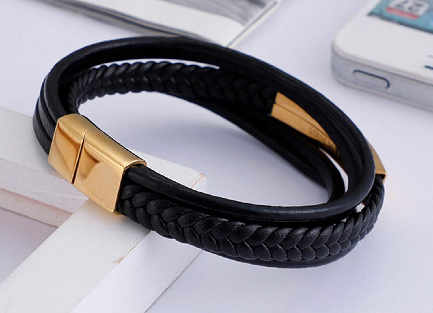 Daesar Mens Stainless Steel Bracelet Chain Weave Leather Gold/Silver/Black