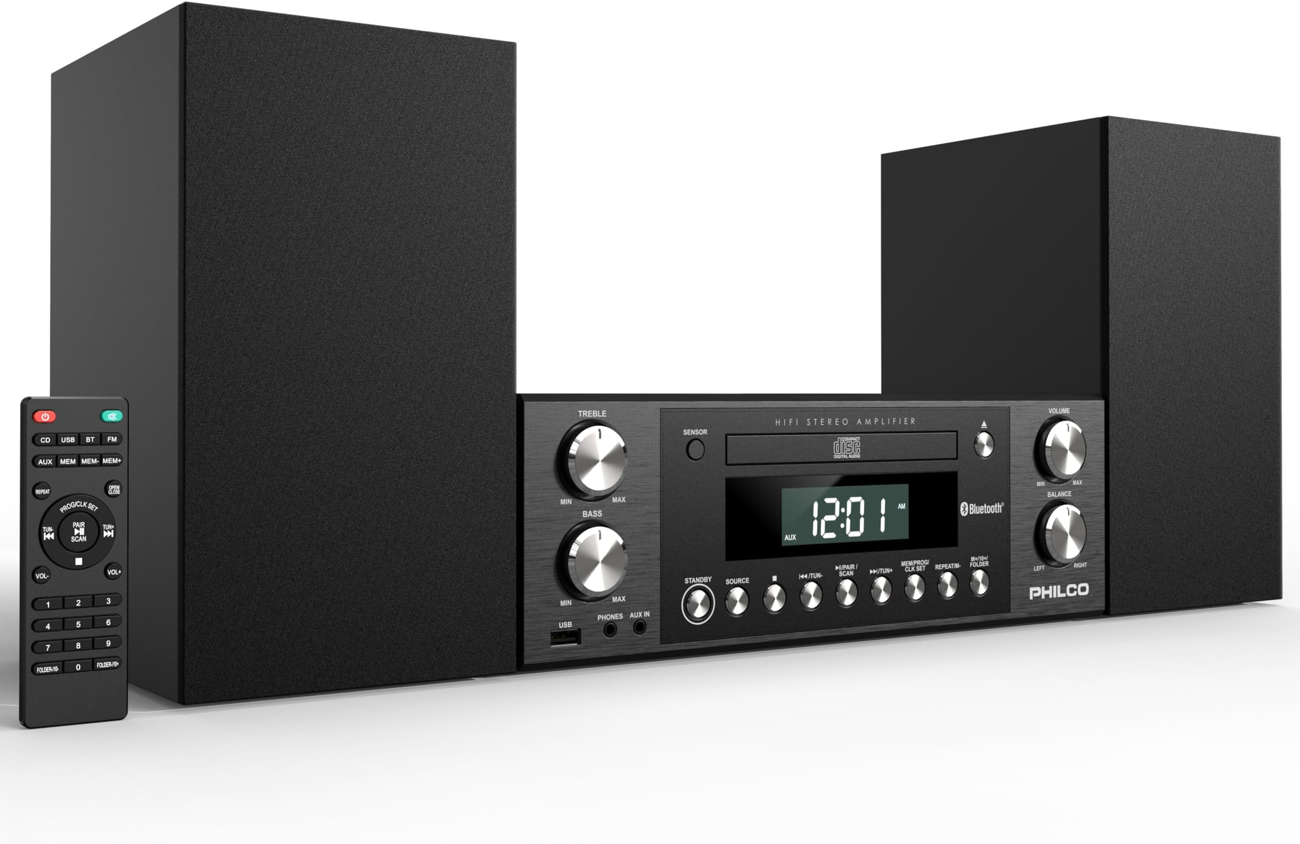 PhilcoStereo System for Home, CD Player with Bluetooth, FM Radio, USB and MP3 Input, 50W Powerful Sound Speakers with Bass/Treble Control, Compact Home Stereo System, Remote Control Included