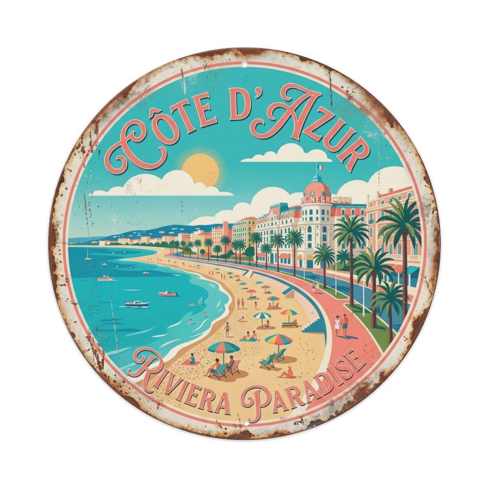 Vintage Travel Riviera Azure France Metal Tin Sign Plaque Wall Decor for Cafe, Club Bar, Office, Home Garden Round Metal Poster 8x8Inch
