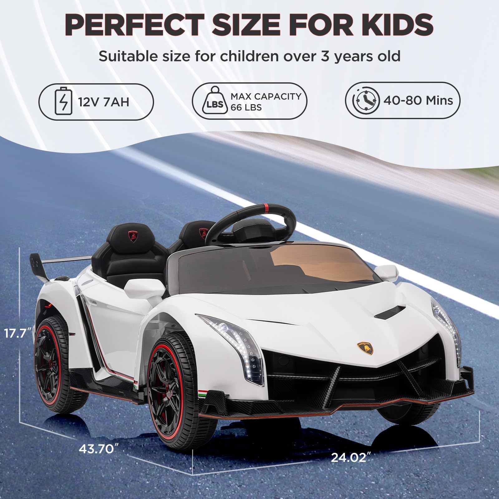 Garvee Kinder Elektroauto Lamborghini 12V – 2 Sitze, 2 Motoren, 2.4G Fernbedienung, Hupe, Musik, Bluetooth & USB, Vorwärts-/Rückwärtsfahrt, Elektrisches Kinderfahrzeug Für Kinder Ab 3 Jahre