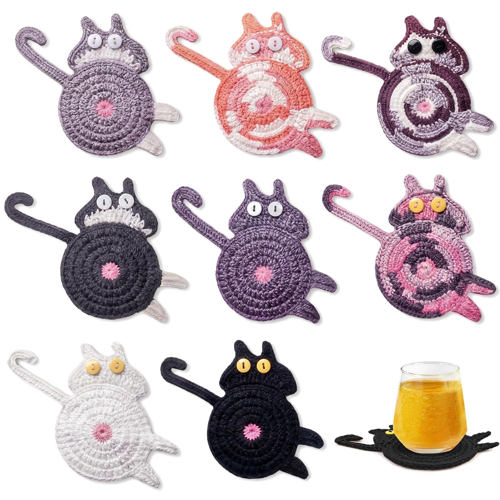 8 Pcs Wooden Cat Coasters Set, Cute Multi-Color Cup Coaster for Drinks, Fun Cat Themed Gifts for Women & Cat Lovers, Heat Resistant Desk Decor Accessories for Coffee Table