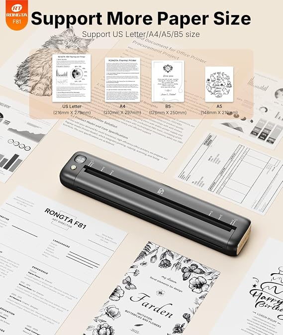 Rongta Portable Printer, Bluetooth Inkless Thermal Printer Wireless for Travel, Compatible with Android iOS Phone & Laptop, Supports 8.5 X 11 US Letter for Office, Home, Car, F81 (Gray)