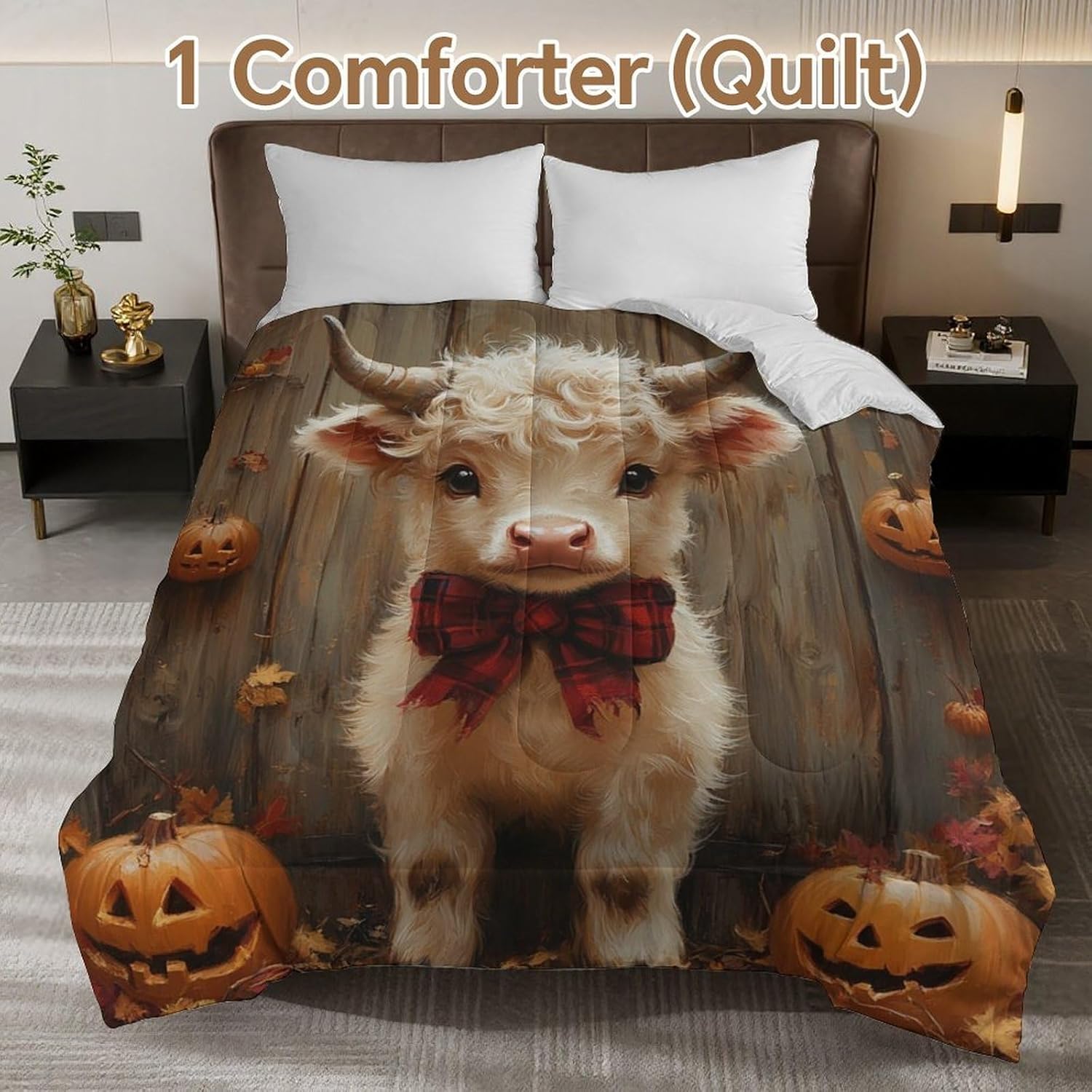 Autumn Cow Pumpkin Comforter Bedding Heavy Bed Blanket Soft Warm Fluffy All Seasons Only Quilt 155x220cm