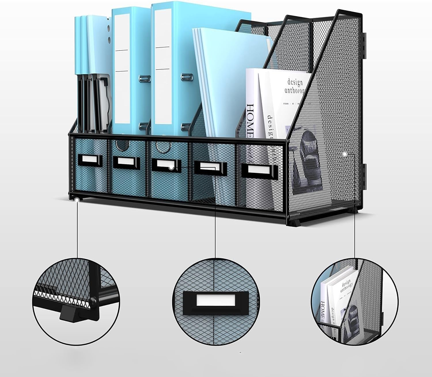 Porte-revues en métal pour bureau avec 5 compartiments verticaux, organiseur de bureau pour bureau, espace de travail à domicile, noir Plus