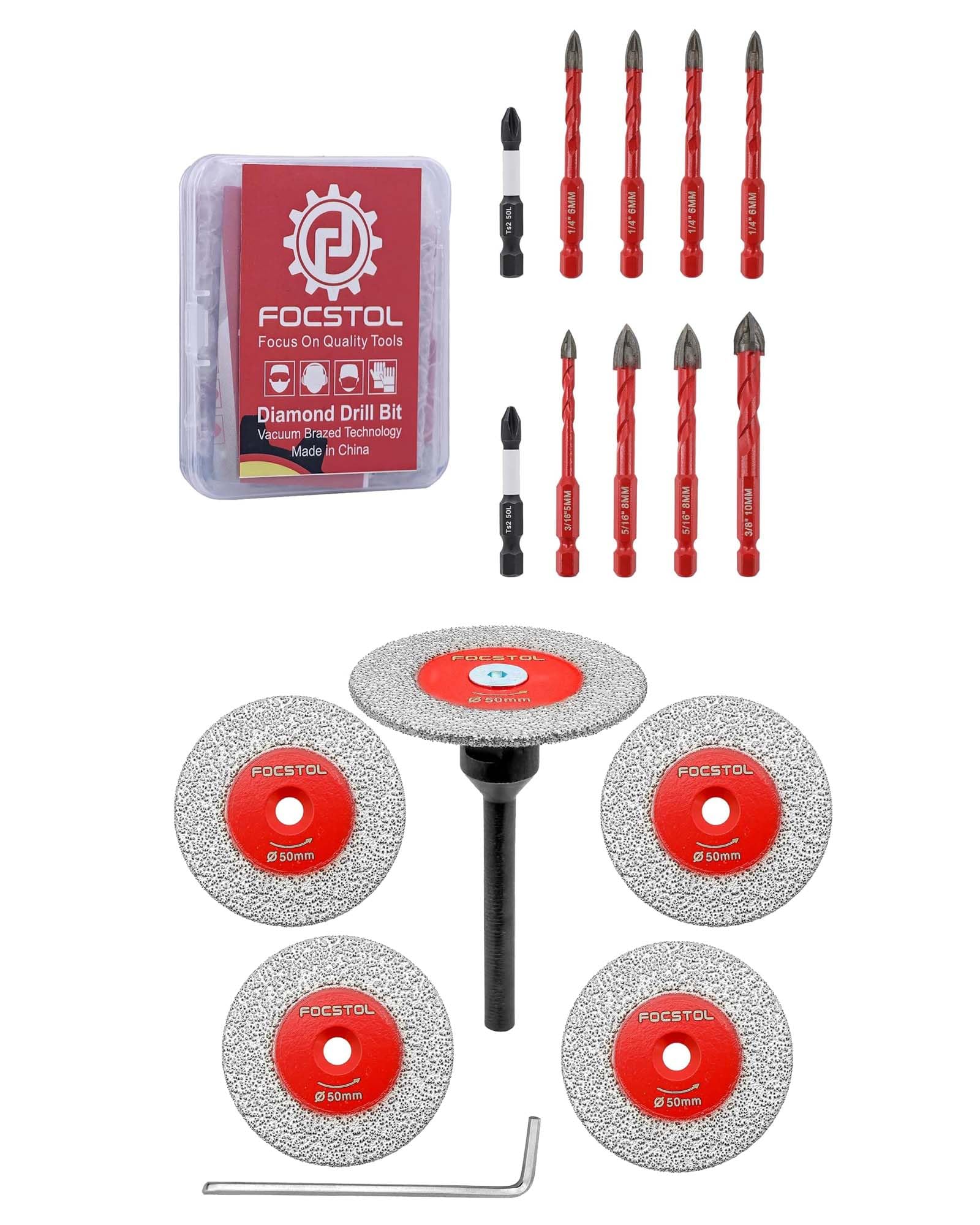 FOCSTOL Disco Diamante Corte 5 piezas 50mm Disco Cortar Azulejos y 1 pieza 6mm Mango Redondo y Juego de Brocas Taladro 10 piezas 5/6/8/10mm