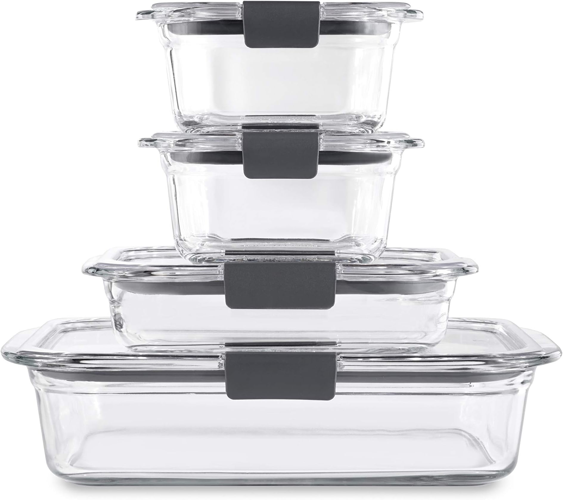 Rubbermaid Brilliance Glass Storage Set of 4 Food Containers with Lids (8 Pieces Total), 4-Pack, Clear