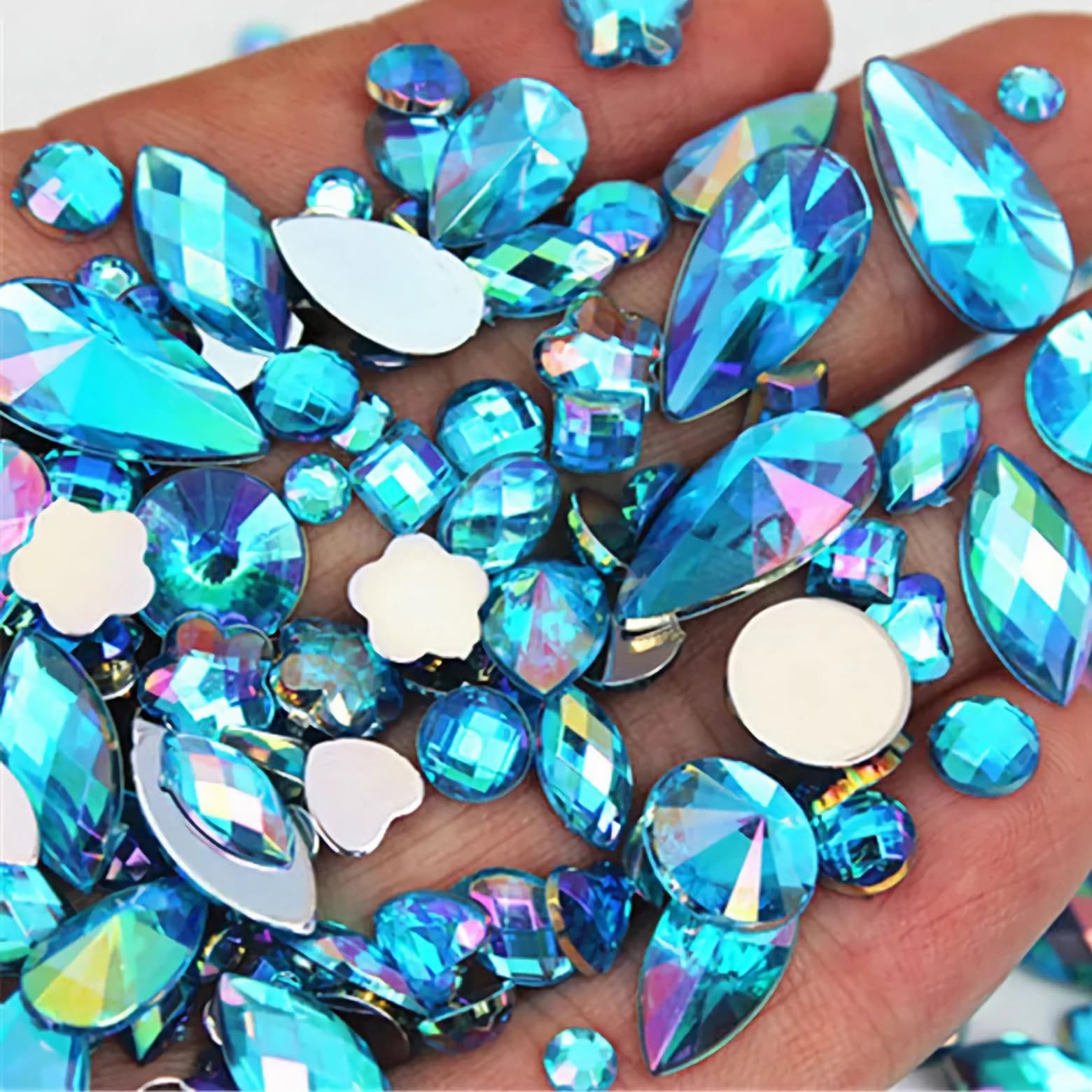 View 1 of 1000pcs Craft Gems AB Rhinestones, Lake Blue Flatback Jewels Gemstone, Acrylic Decorations for Crafting Cosplay Party, Embelishments Costume Making Accessories (06 Aquamarine AB)
